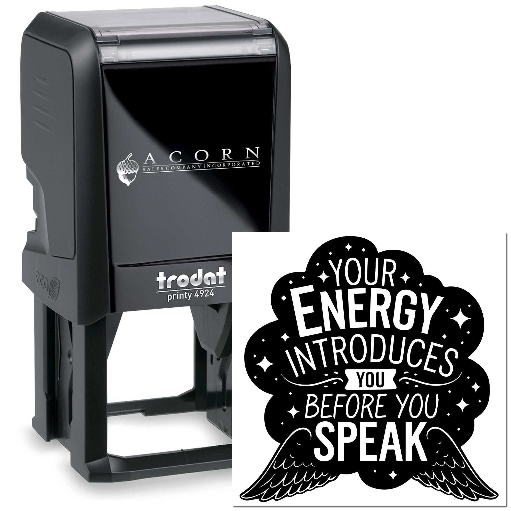 Custom rubber stamp with motivational quote, Trodat Printy 4924 self-inking stamp for business branding.