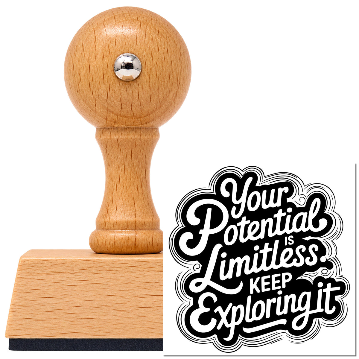 Your Potential Limitless Explore Vintage Pro rubber stamp in European beech wood with a round knob handle, shown beside its black imprint.