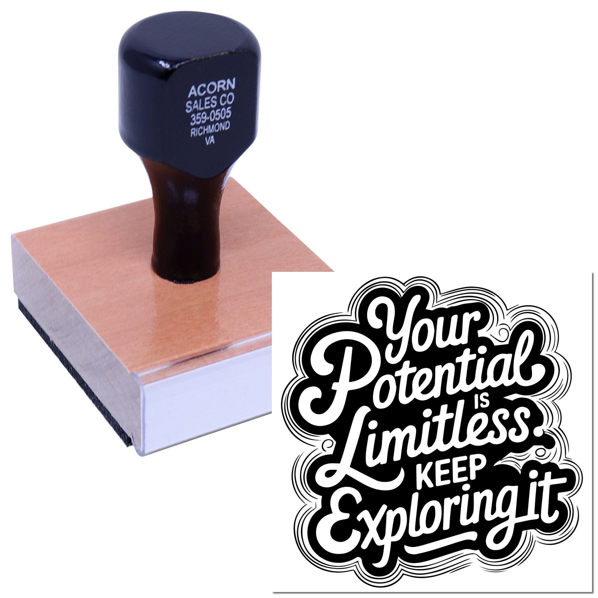 Custom rubber stamp with business logo and motivational design, ideal for branding, packaging, and promotional use.