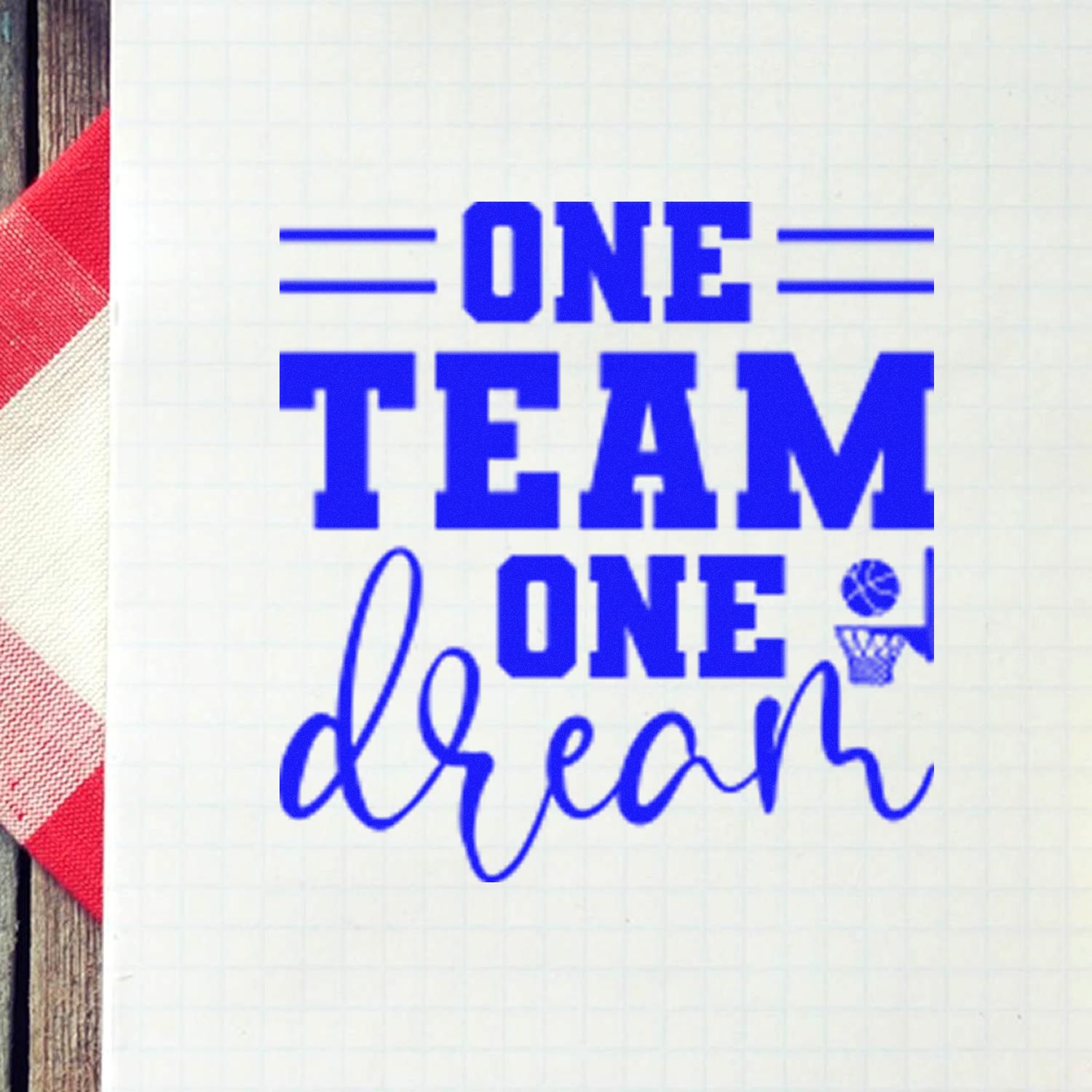 One Team One Dream basketball rubber stamp design with hoop icon for coaches, players, and team spirit projects.