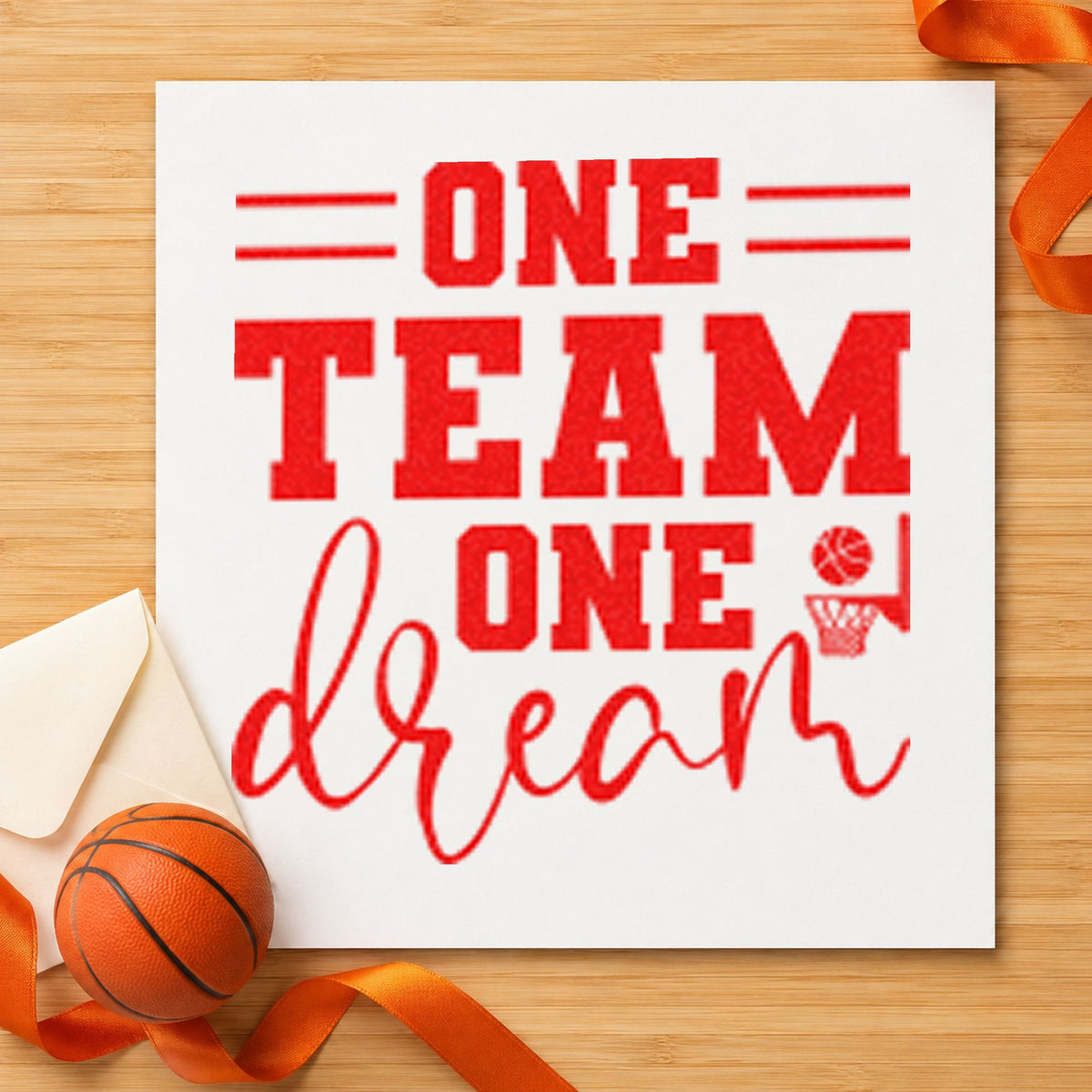 One Team One Dream craft stamp imprint in red ink on a handmade project, one idea being game schedule cards.