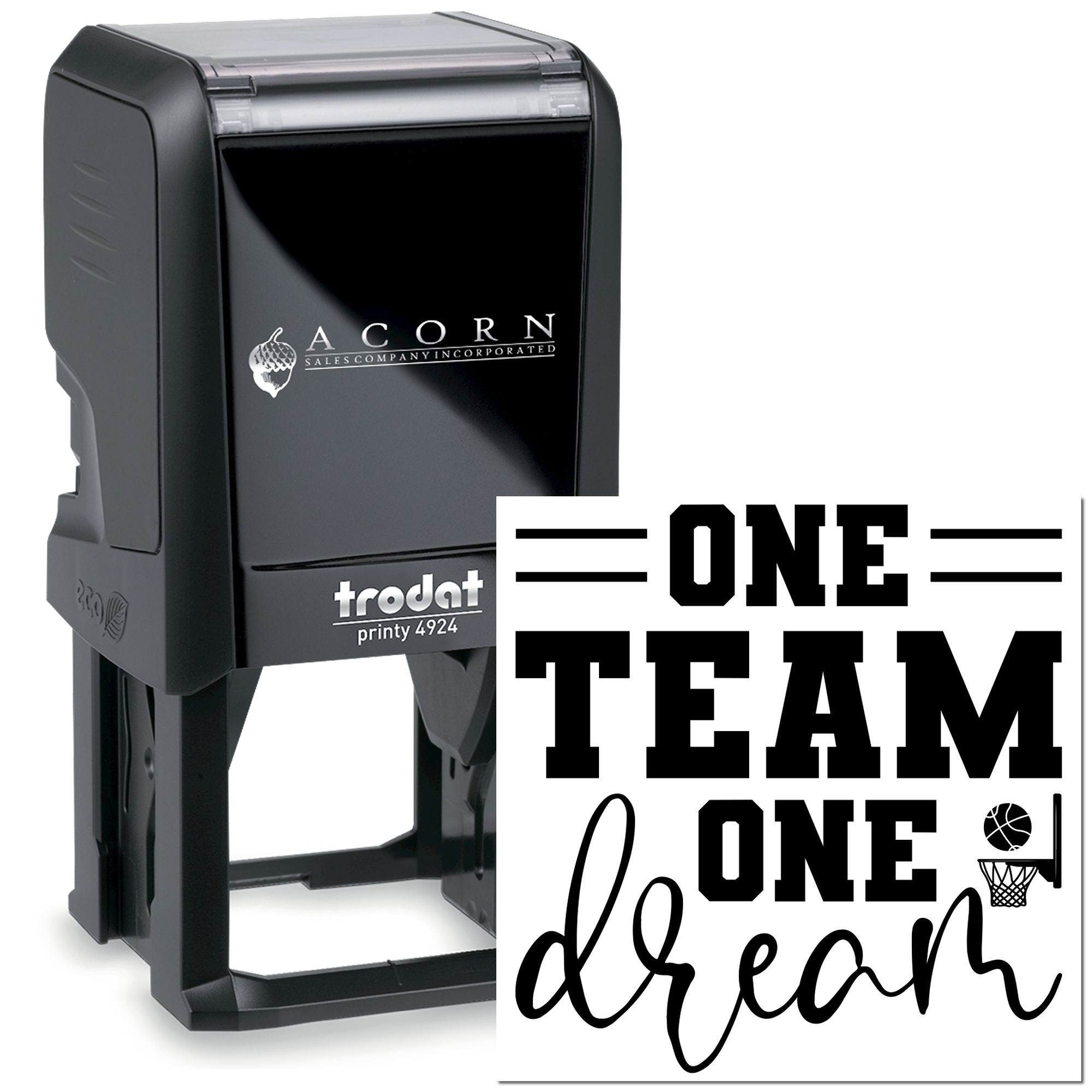 Custom Trodat self-inking rubber stamp featuring ONE TEAM ONE dream basketball team design for sports branding.