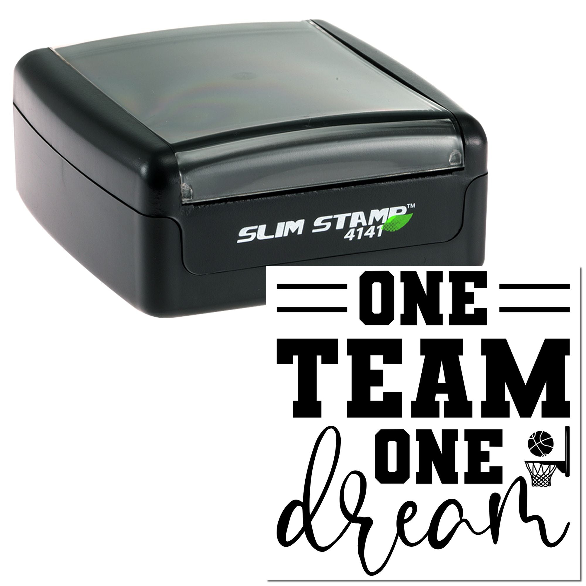 Slim Stamp 4141 self-inking rubber stamp with One Team One Dream basketball design for custom team branding.
