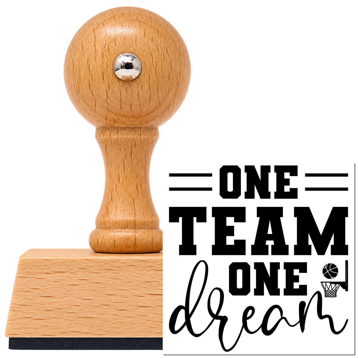 One Team One Dream Vintage Pro rubber stamp in European beech wood with a round knob handle, shown beside its black imprint.