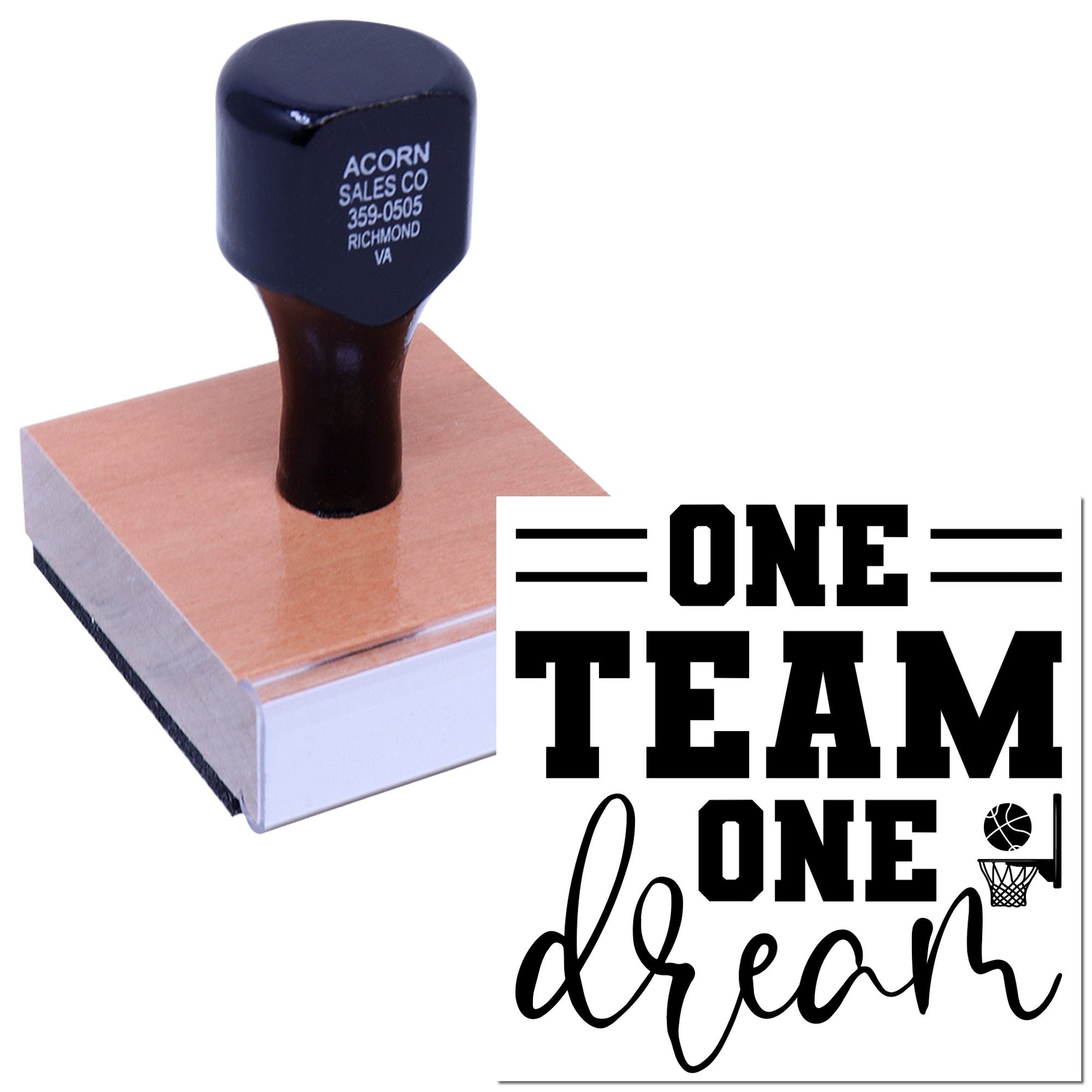 Custom rubber stamp for sports teams featuring One Team One Dream design with basketball hoop icon on a wood mount.