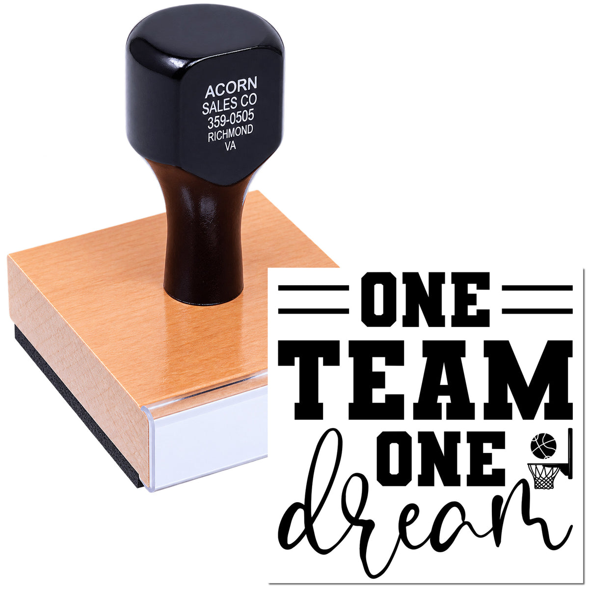 Custom rubber stamp for sports teams featuring One Team One Dream design with basketball hoop icon on a wood mount.