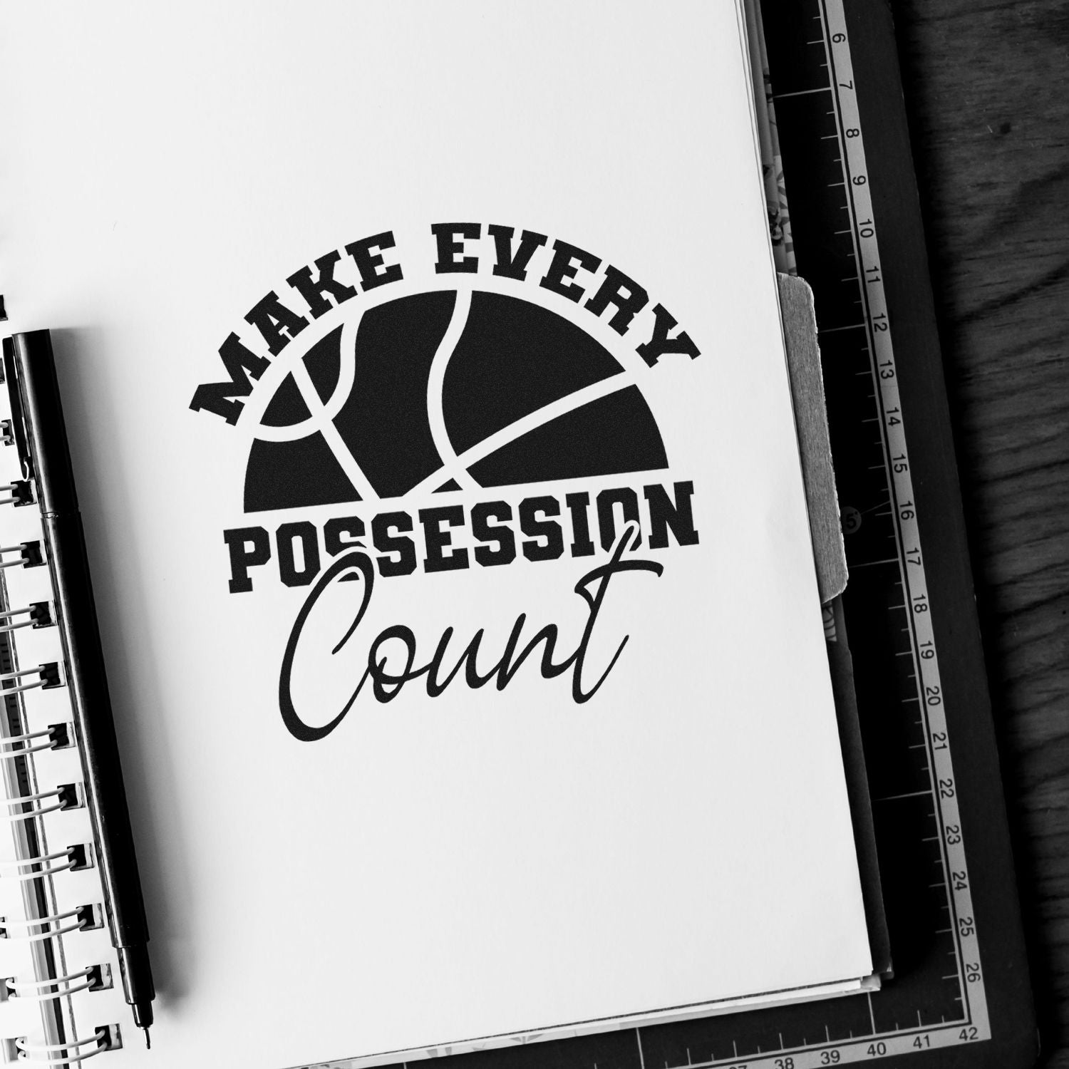 Basketball motivational rubber stamp design reading Make Every Possession Count for sports team notebooks and crafts.