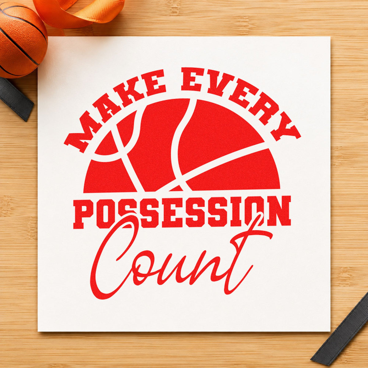 Make Every Possession Count craft stamp imprint in red ink on a handmade project, one idea being scout note cards.