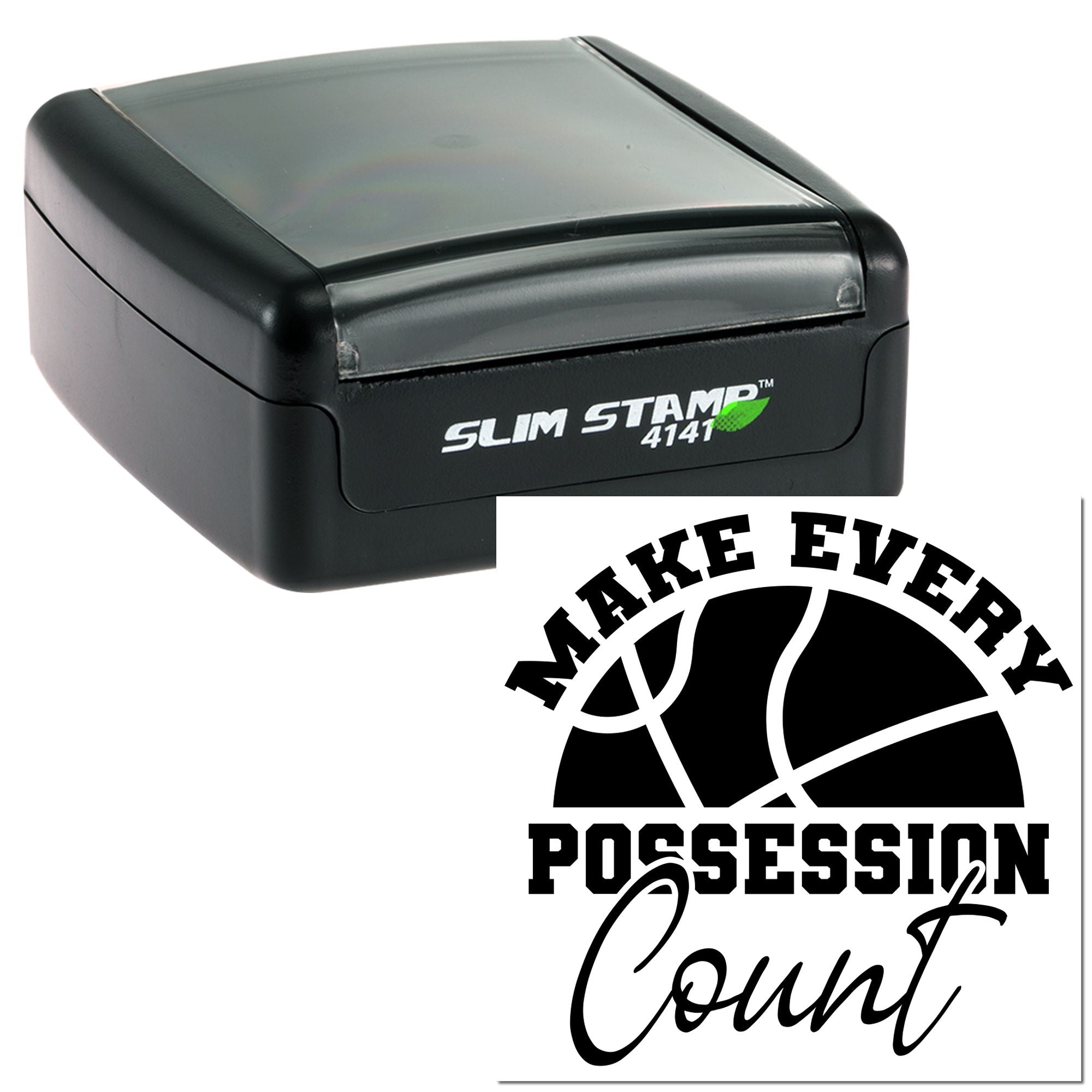 Custom basketball self-inking rubber stamp featuring Make Every Possession Count motivational design.