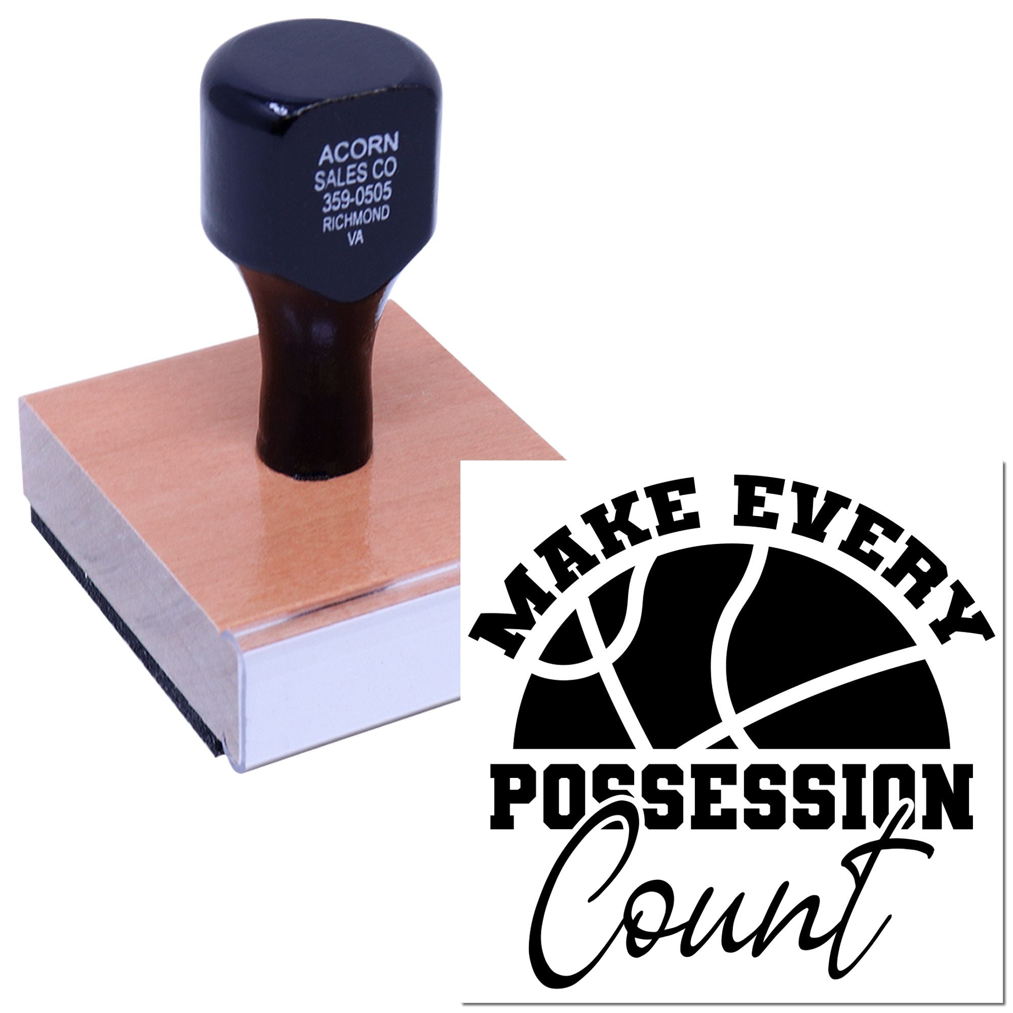 Custom rubber stamp with basketball logo and Make Every Possession Count design for sports team or fan merchandise.