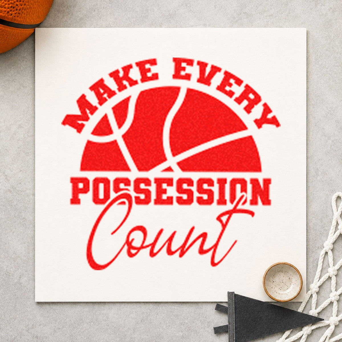 Every Possession Count Basketball craft stamp imprint in red ink on a handmade project, one idea being travel info cards.
