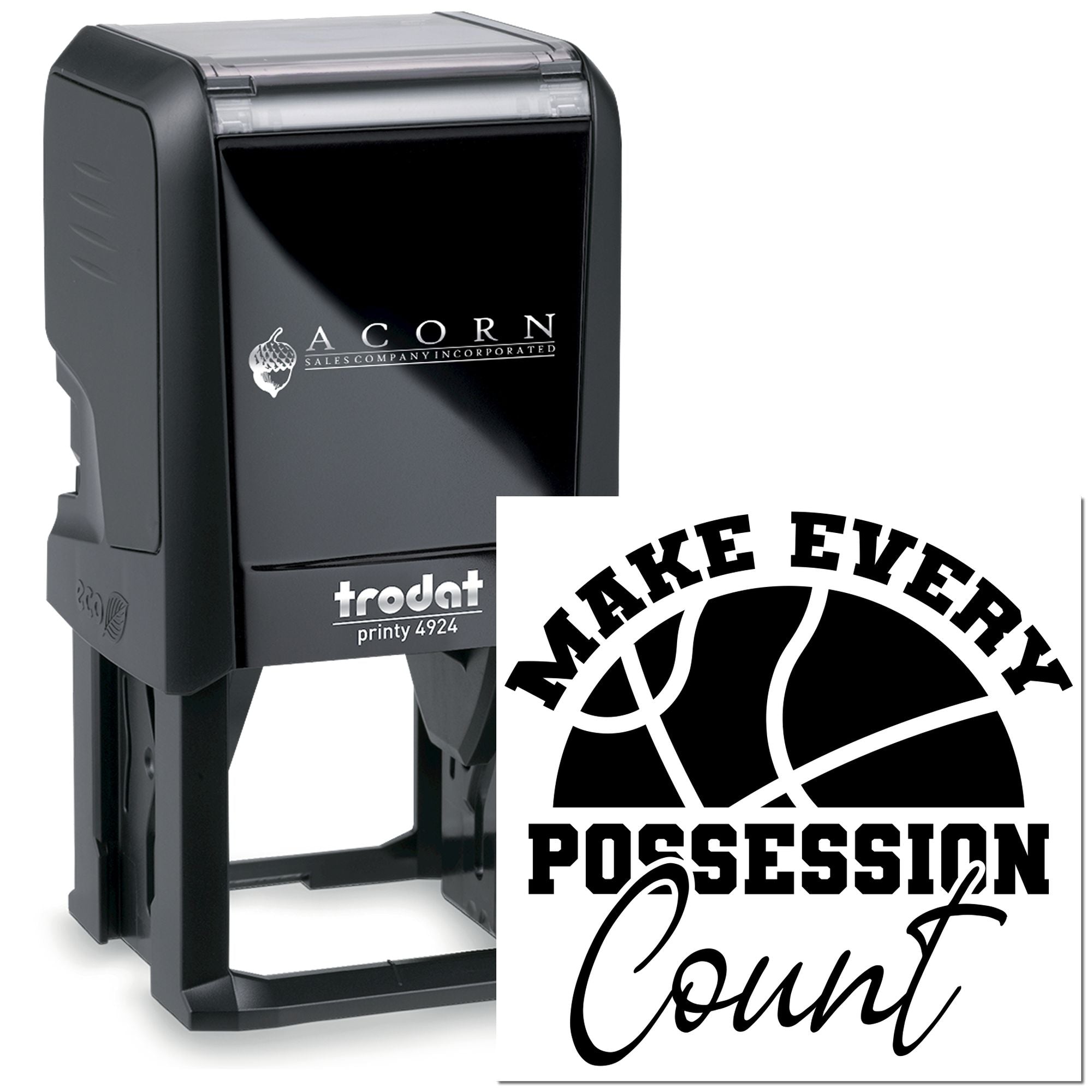 Trodat Printy 4924 self-inking rubber stamp with custom basketball Make Every Possession Count imprint.