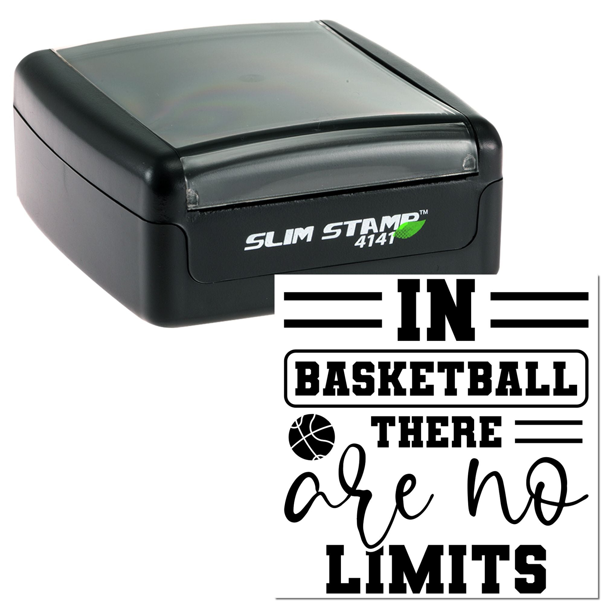 Slim self-inking rubber stamp with basketball quote, In basketball there are no limits, and ball icon.