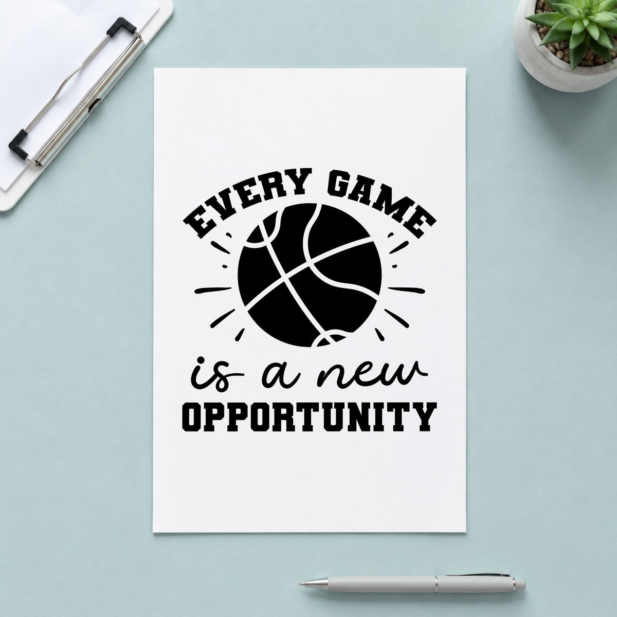 Every Game New Opportunity rubber stamp printed in black ink, ready for radiating ball cards and similar paper crafts.