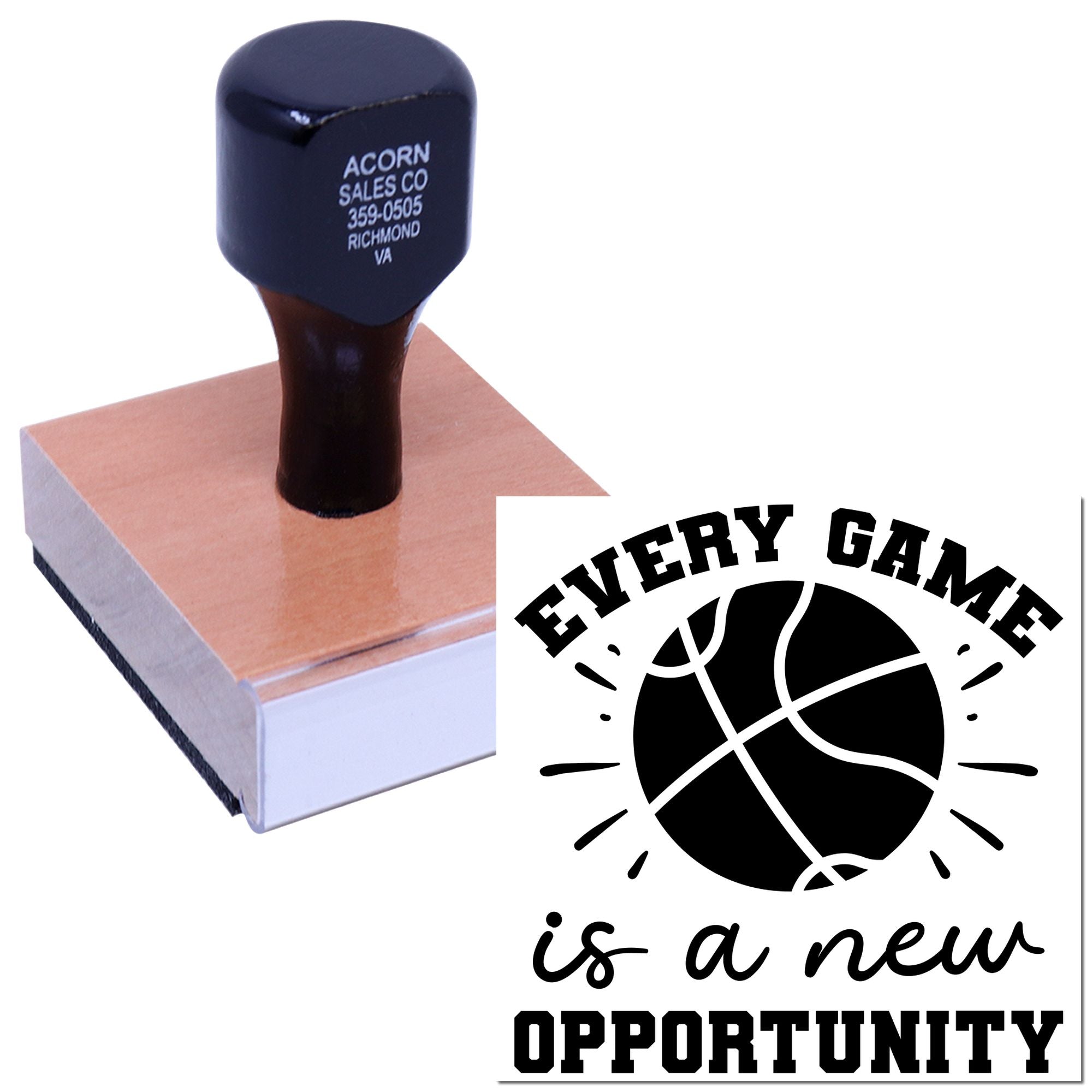 Custom basketball rubber stamp with motivational Every game is a new opportunity imprint for sports branding.