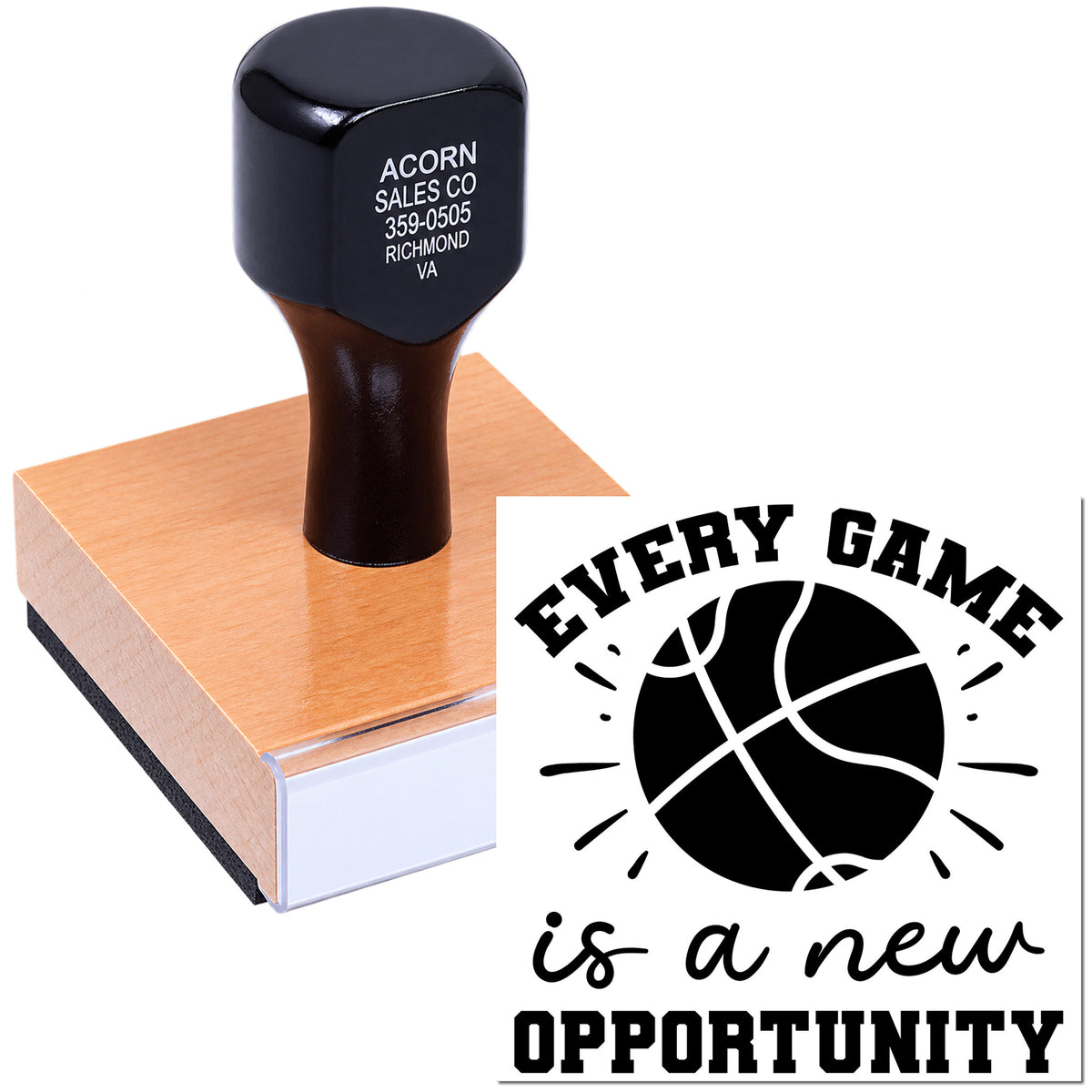 Custom basketball rubber stamp with motivational Every game is a new opportunity imprint for sports branding.