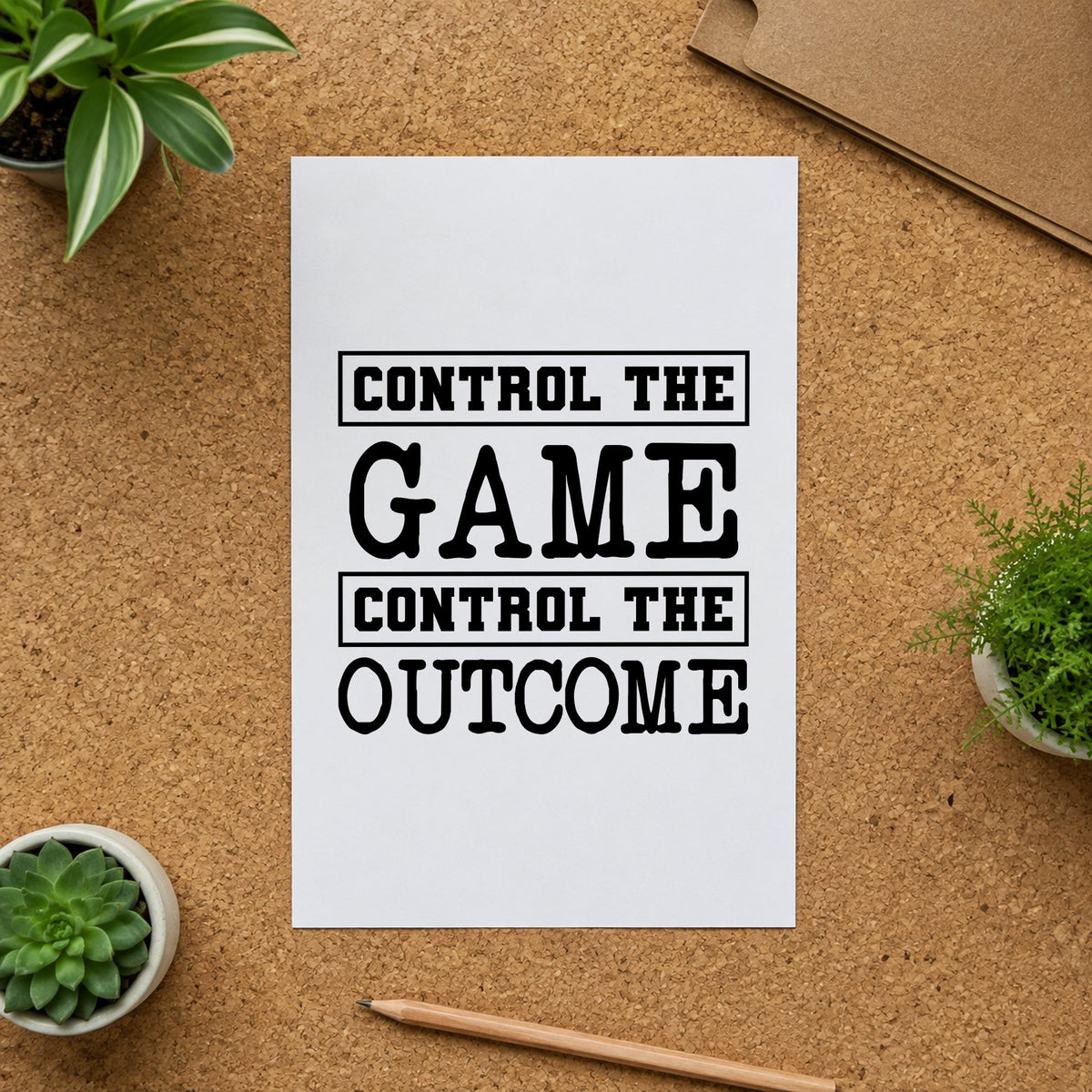 Control Game Control Outcome craft stamp imprint in black ink on a handmade project, one idea being handout gift tags.