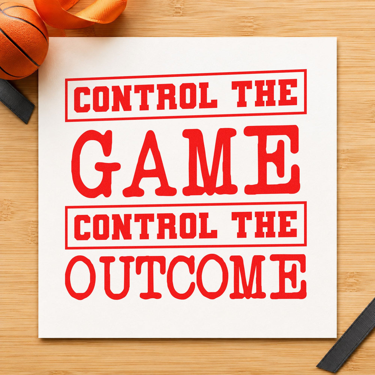 Control Game Control Outcome rubber stamp shown in red ink, stamped for projects such as drawer playbook labels.