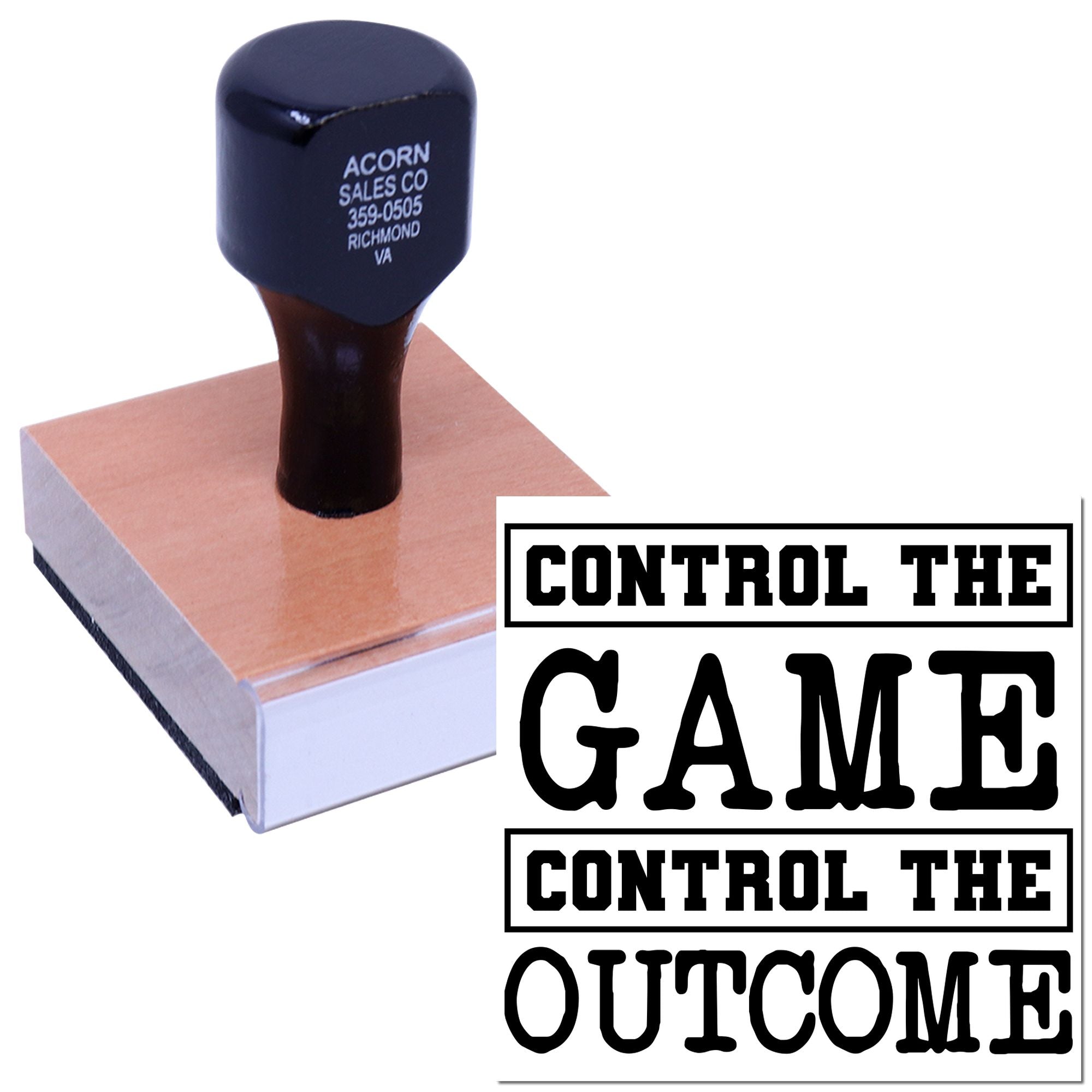 Custom rubber stamp with Control the Game Outcome text for sports, coaching, or event messaging.