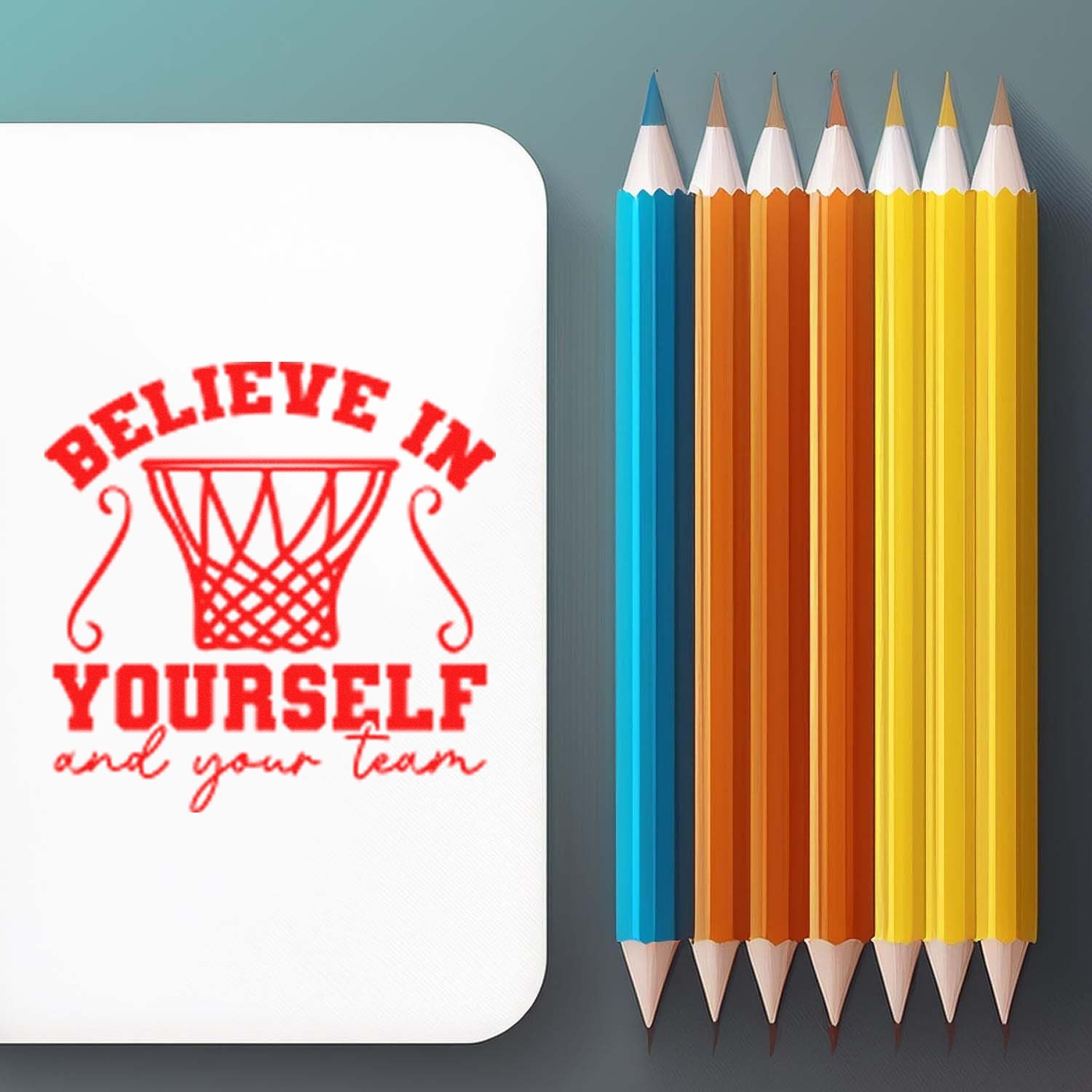 Personalized rubber stamp design with basketball hoop and Believe in Yourself and Your Team motivational message.