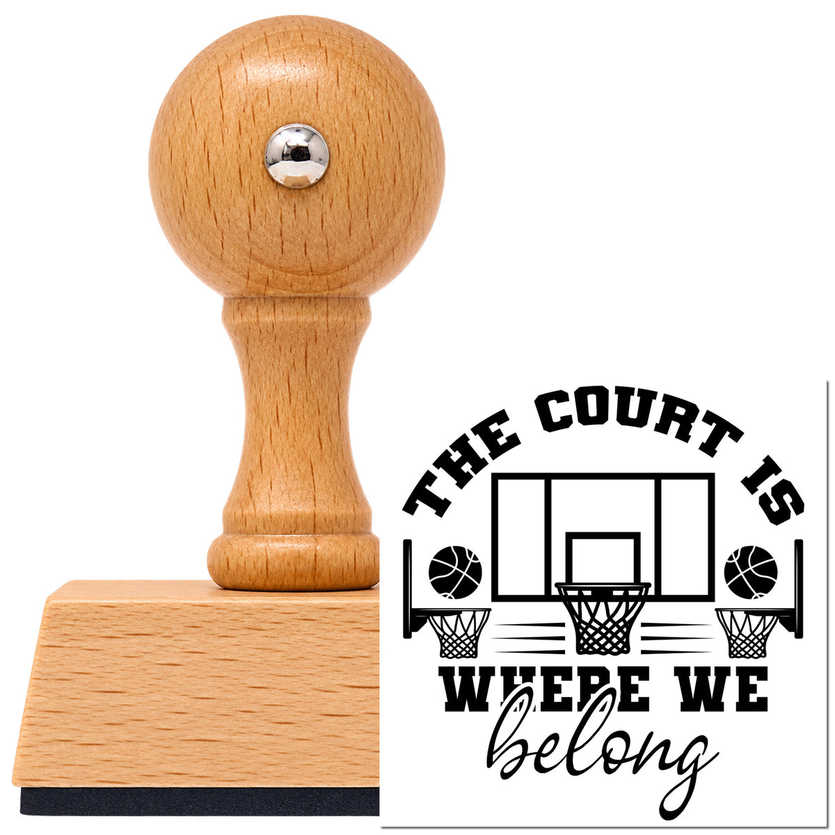 Court Where We Belong Vintage Pro rubber stamp in European beech wood with a round knob handle, shown beside its black imprint.