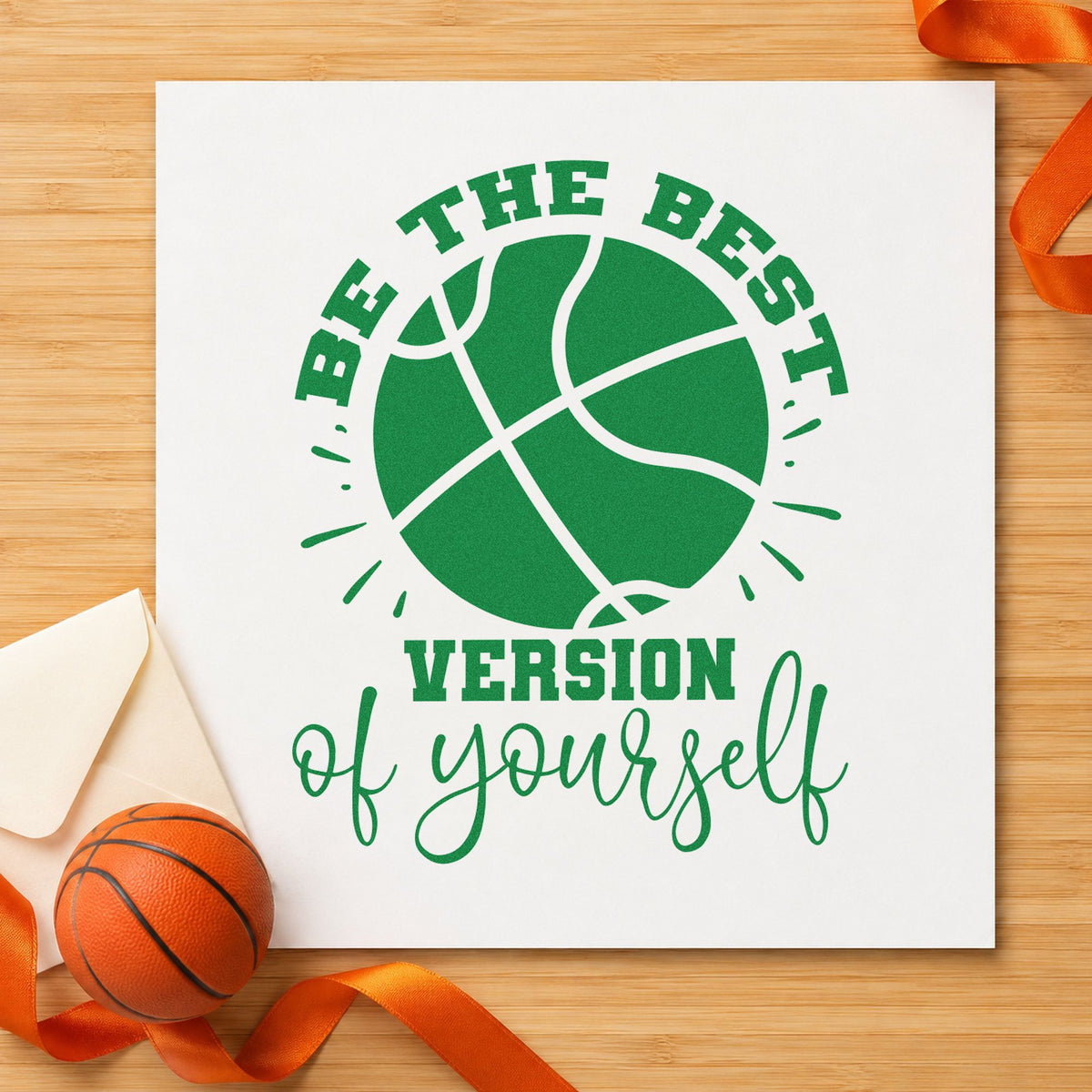 Best Version Of Yourself craft stamp imprint in green ink on a handmade project, one idea being workout note cards.
