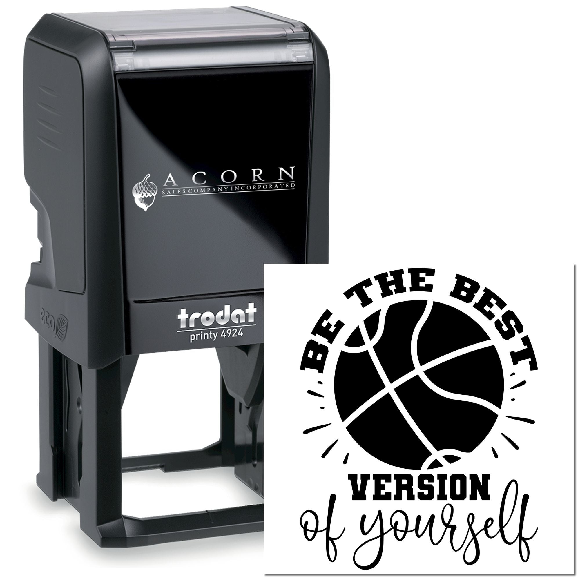 Personalized self-inking basketball rubber stamp with The Best Version of Yourself slogan for custom branding.