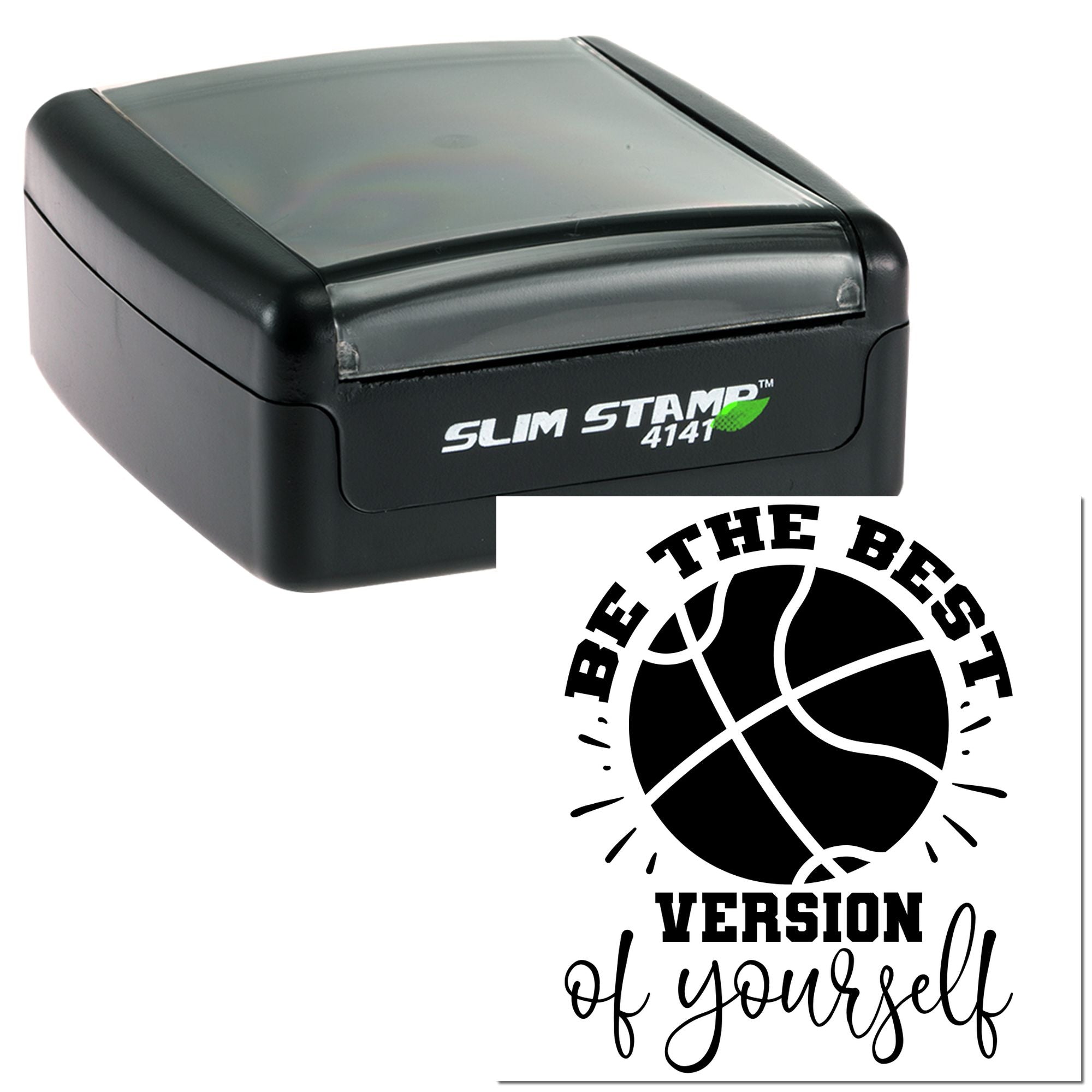 Self-inking rubber stamp with basketball design and Be the Best Version of Yourself inspirational text.