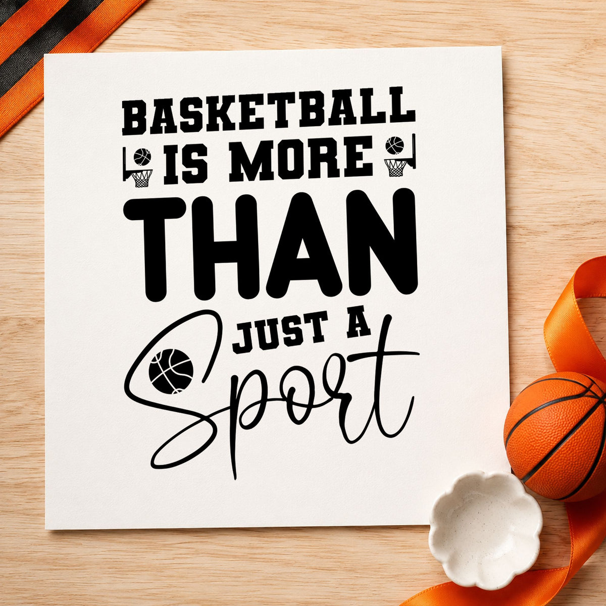Basketball More Than Sport craft stamp imprint in black ink on a handmade project, one idea being hall snack gift tags.