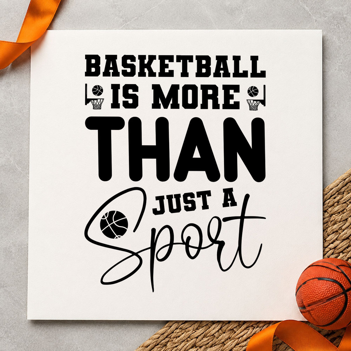 Basketball More Than Sport rubber stamp printed in black ink, ready for small hoop cards and similar paper crafts.