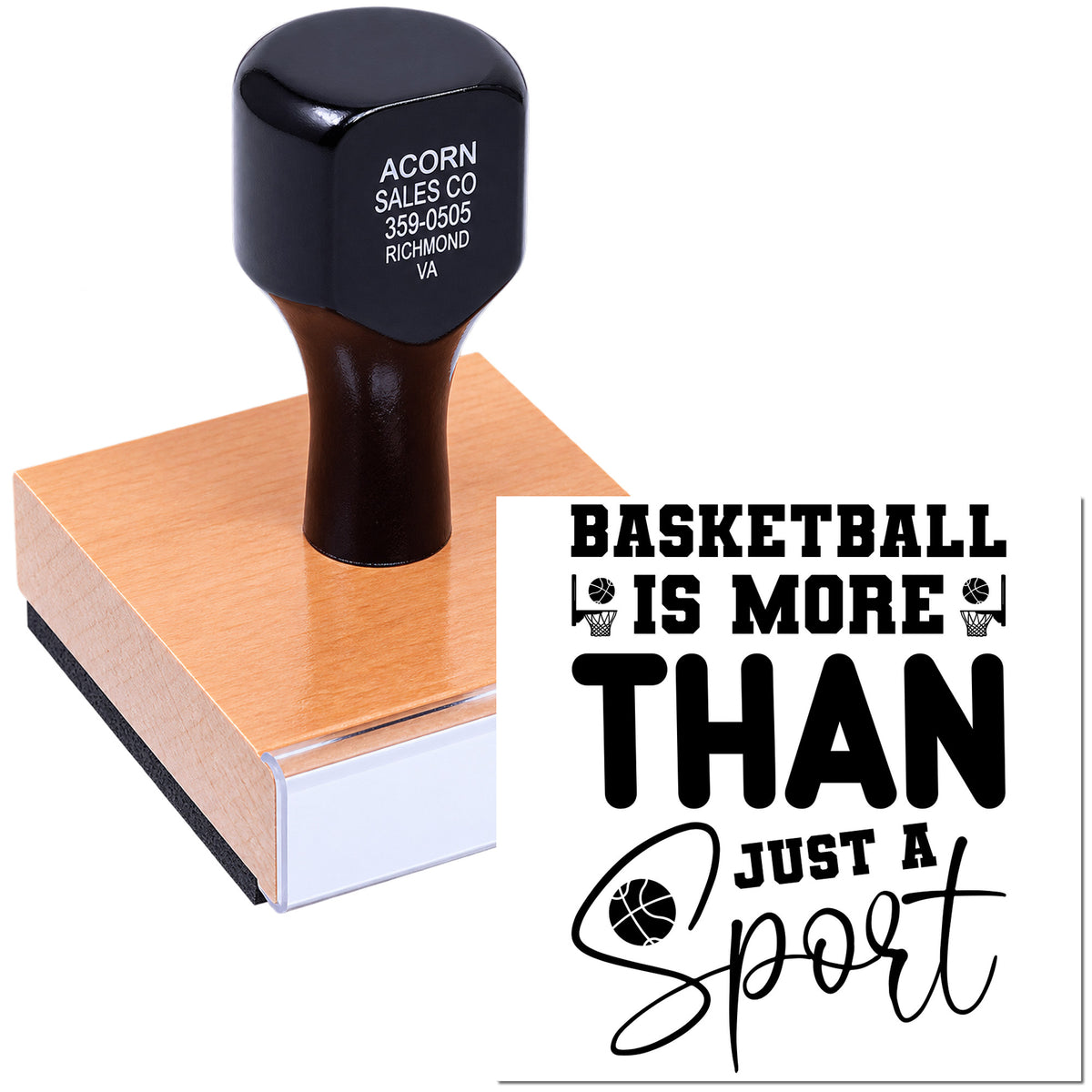 Basketball rubber stamp with motivational quote, "Basketball is more than just a sport," for team, school, and fan projects.