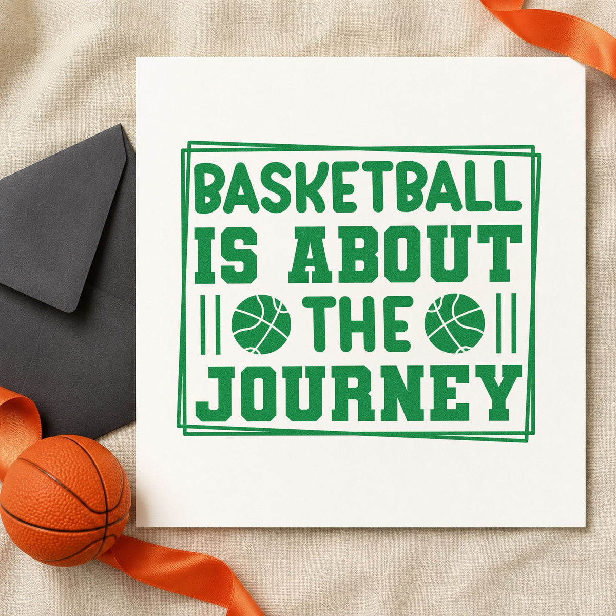 Basketball About The Journey craft stamp in green ink on cardstock, an easy option for alumni album page.