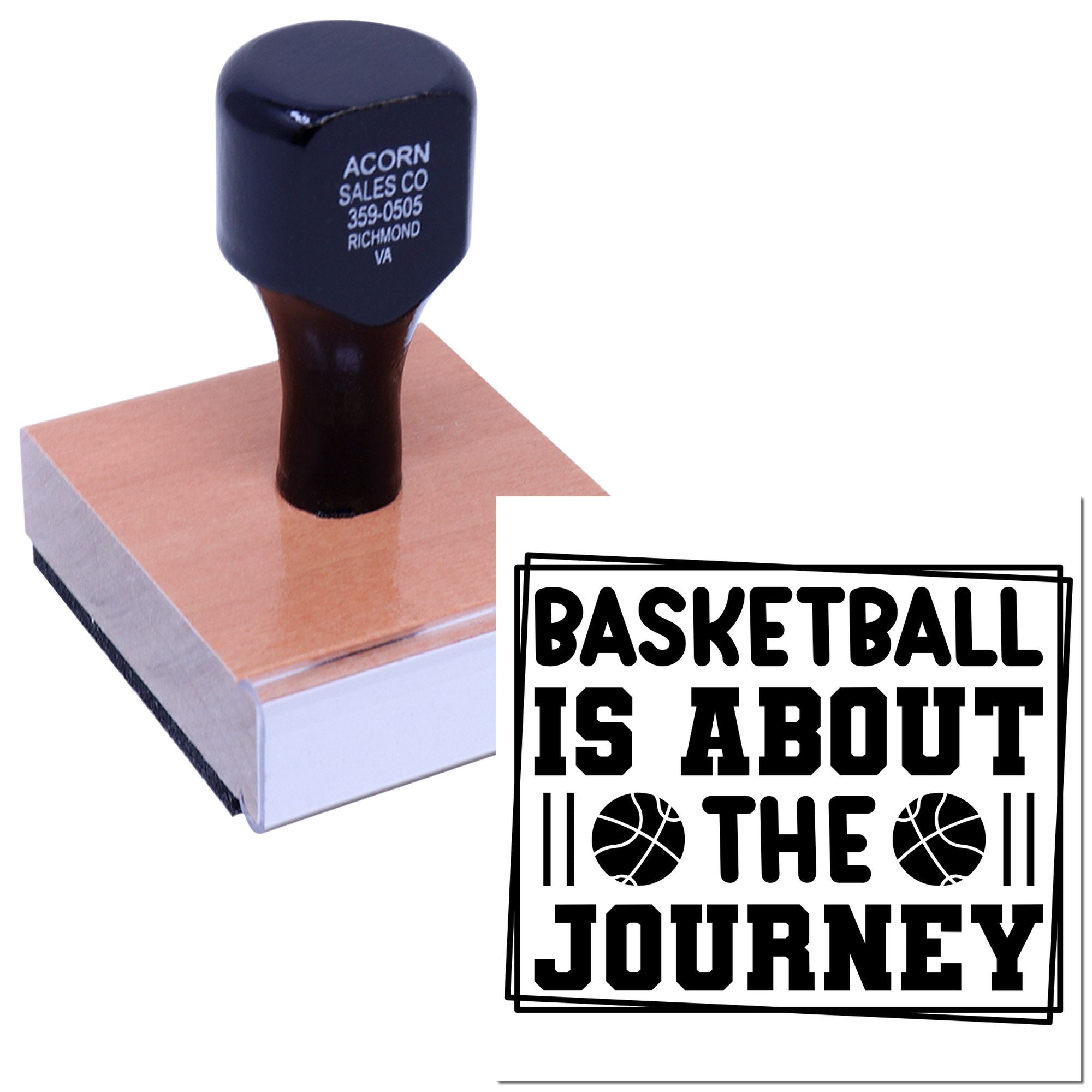 Basketball Is About the Journey custom rubber stamp for sports crafts, team stationery, and motivational messages.