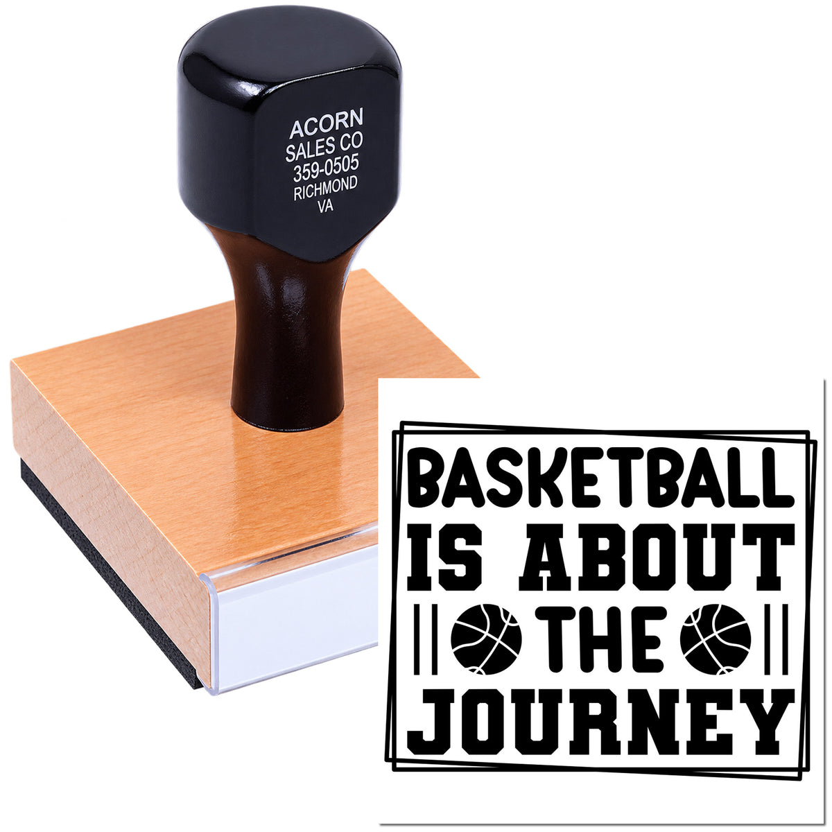 Basketball Is About the Journey custom rubber stamp for sports crafts, team stationery, and motivational messages.