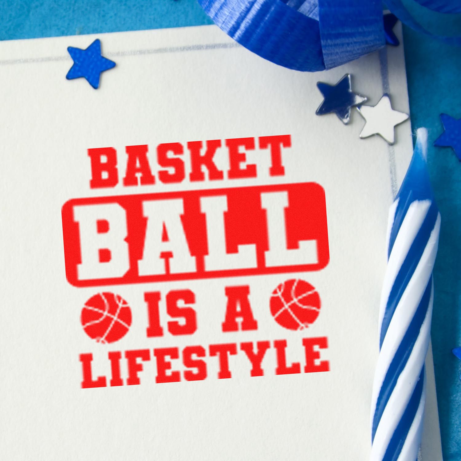 Basketball is a lifestyle red rubber stamp design with stars and ribbon for sports-themed cards and crafts.
