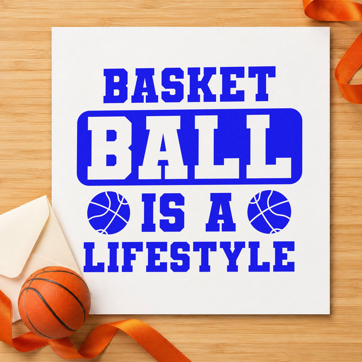 Basketball Is A Lifestyle craft stamp imprinted in blue ink on paper, a design suited to framed park shelter.