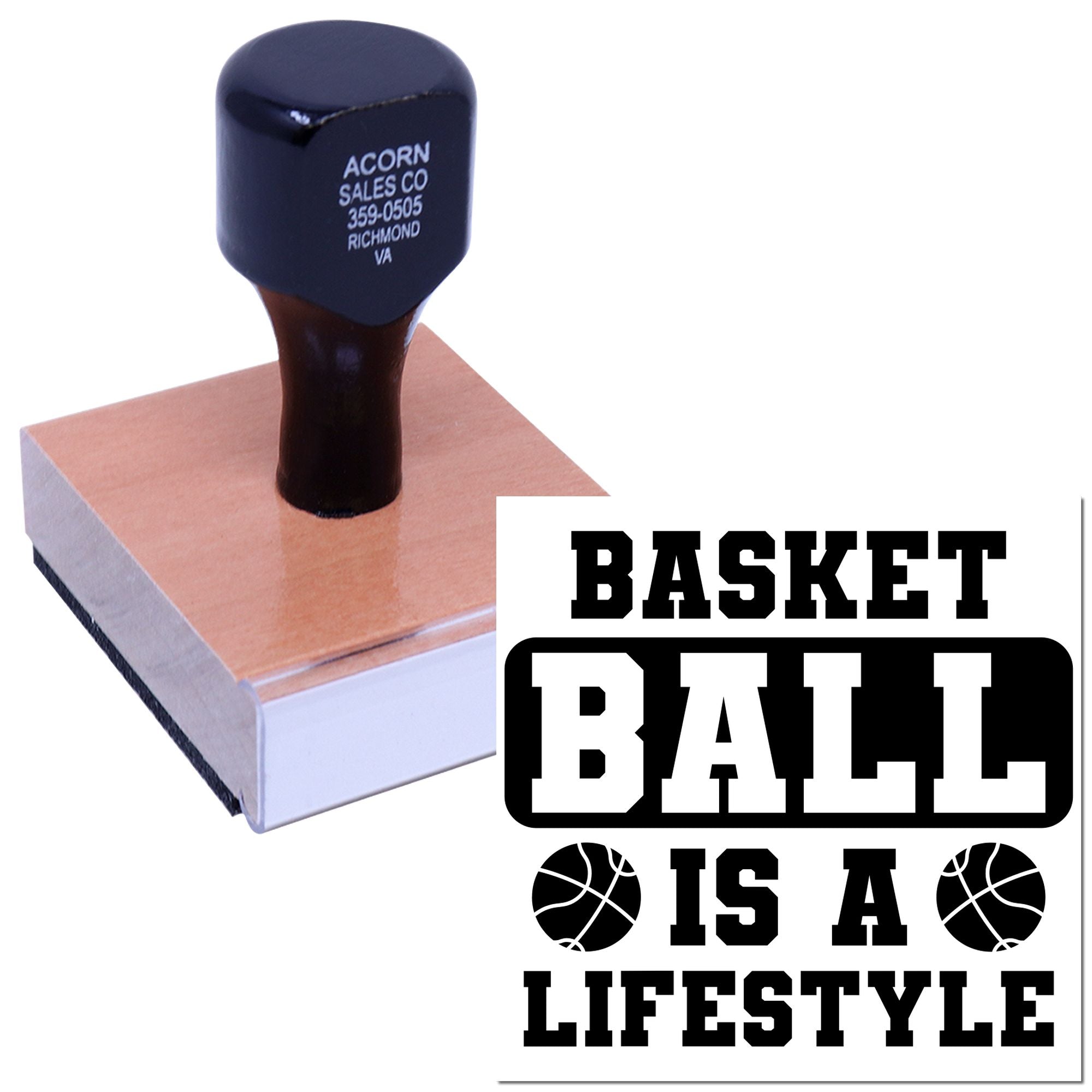 Custom basketball rubber stamp reading Basket Ball Is a Lifestyle with bold sports-themed text and basketball icons.