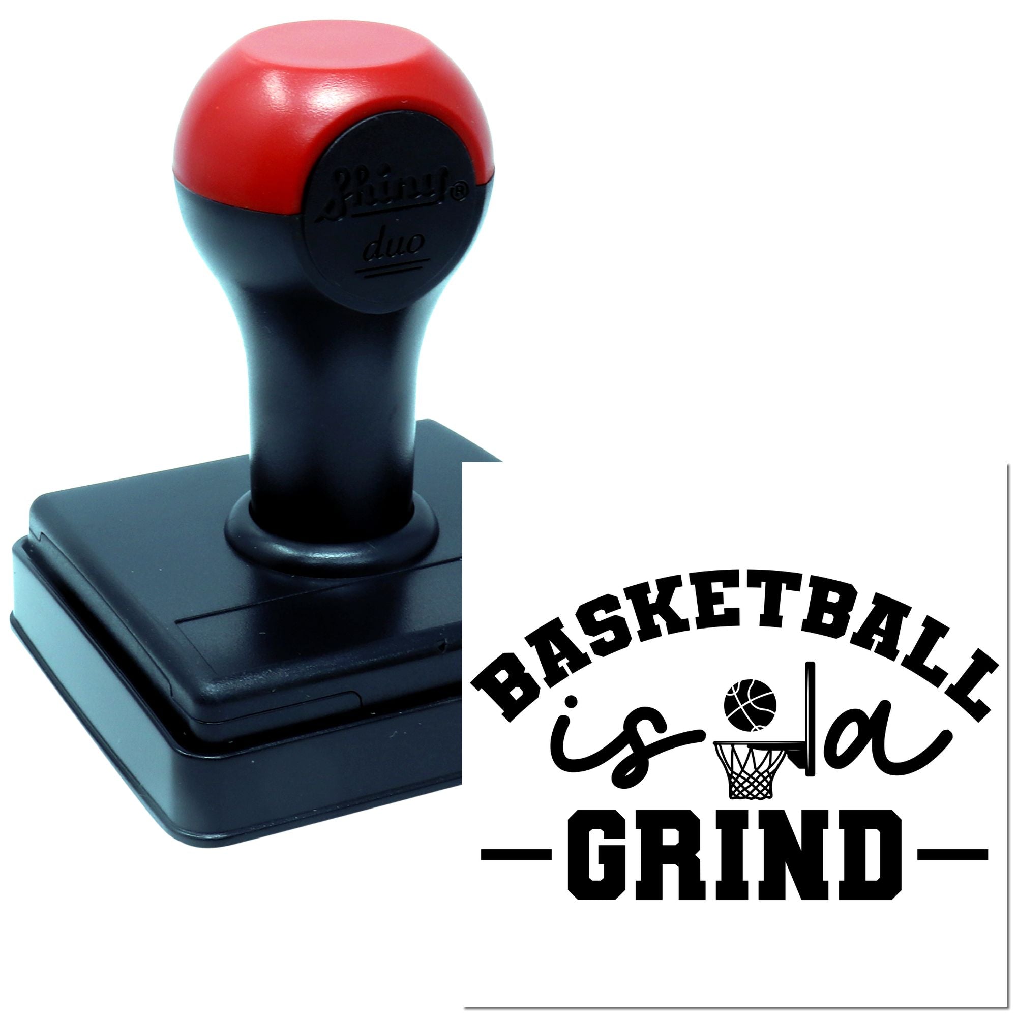 Custom basketball rubber stamp with self-inking handle and Basketball is Life Grind design for sports branding.