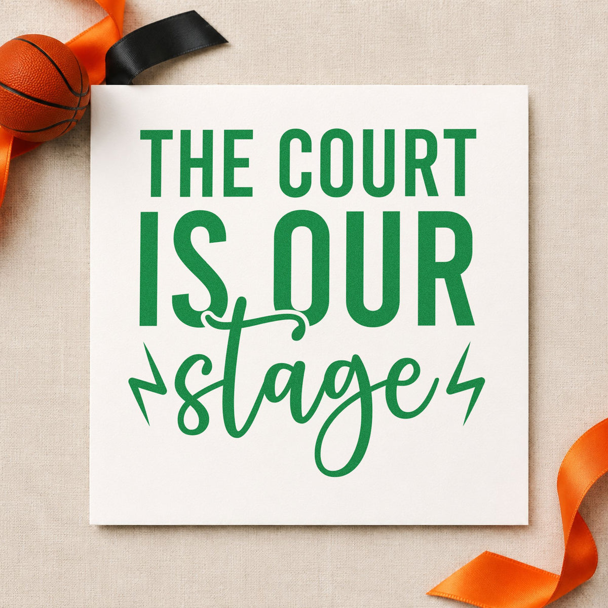 Court Is Our Stage craft stamp imprint in green ink on a handmade project, one idea being chant sheet cards.