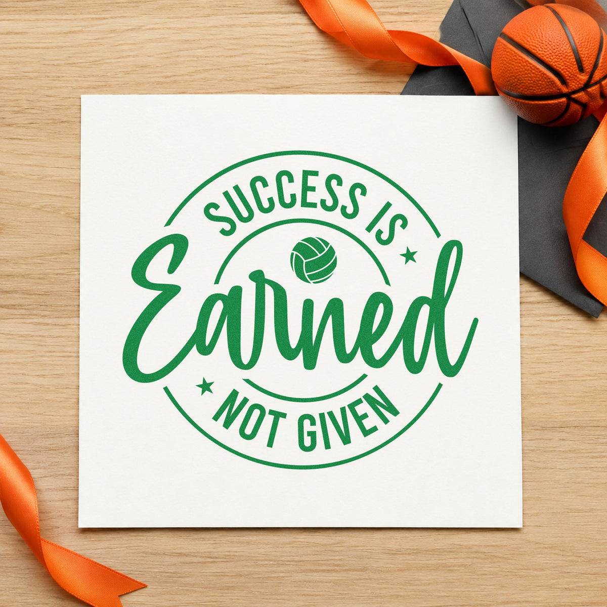 Success Earned Circular Badge craft stamp in green ink on cardstock, an easy option for club season album page.