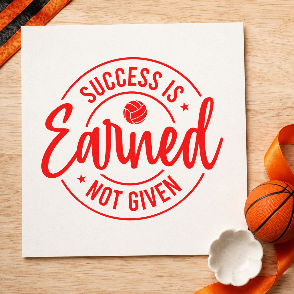 Success Earned Circular Badge rubber stamp shown in red ink, stamped for projects such as bin ball labels.