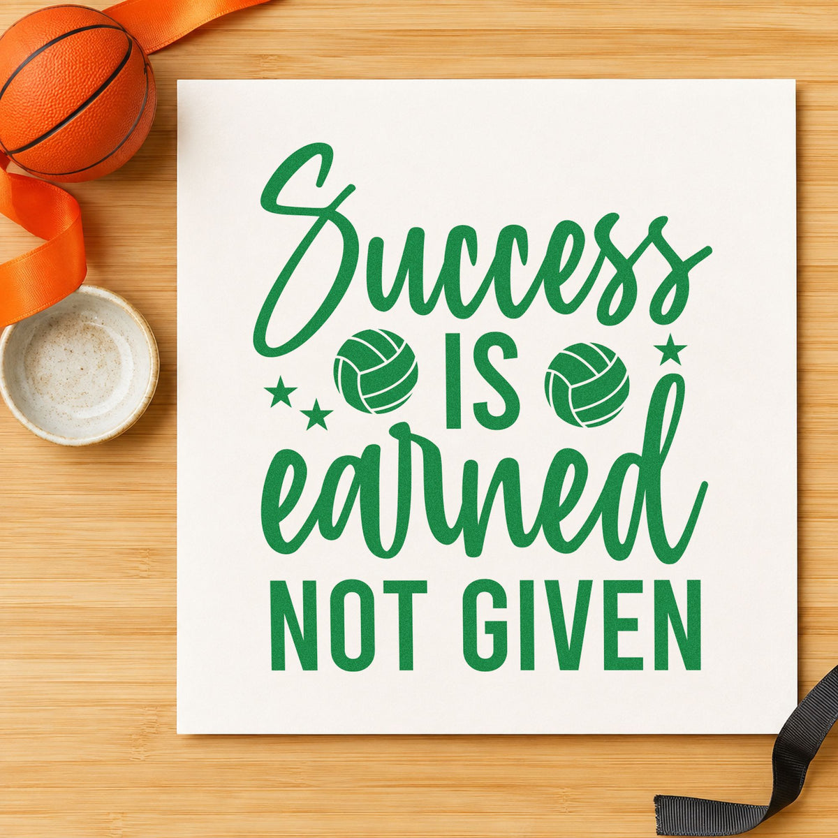 Success Earned Not Given craft stamp in green ink on cardstock, an easy option for sand season album page.