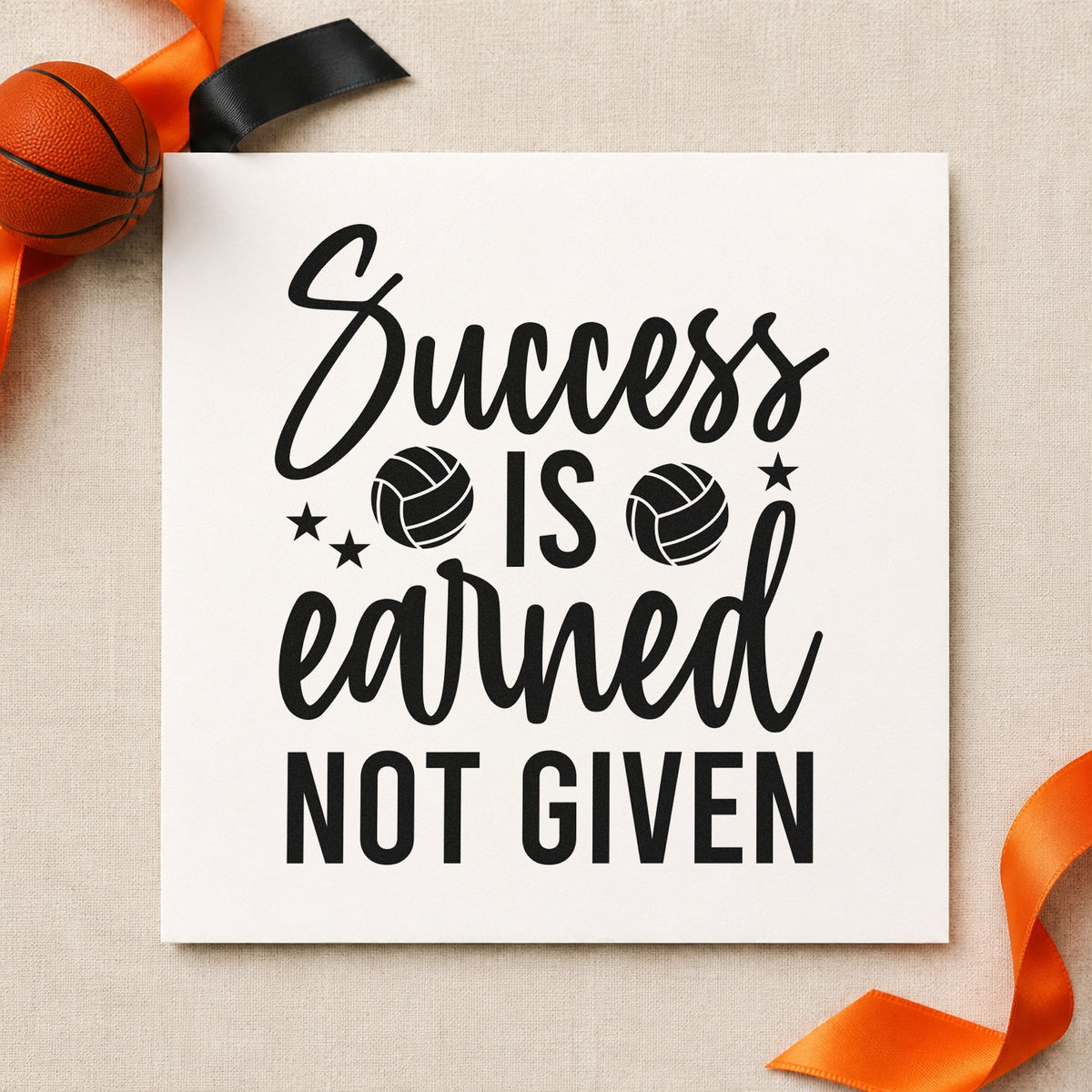 Success Earned Not Given craft stamp imprint in black ink on a handmade project, one idea being sand kit gift tags.