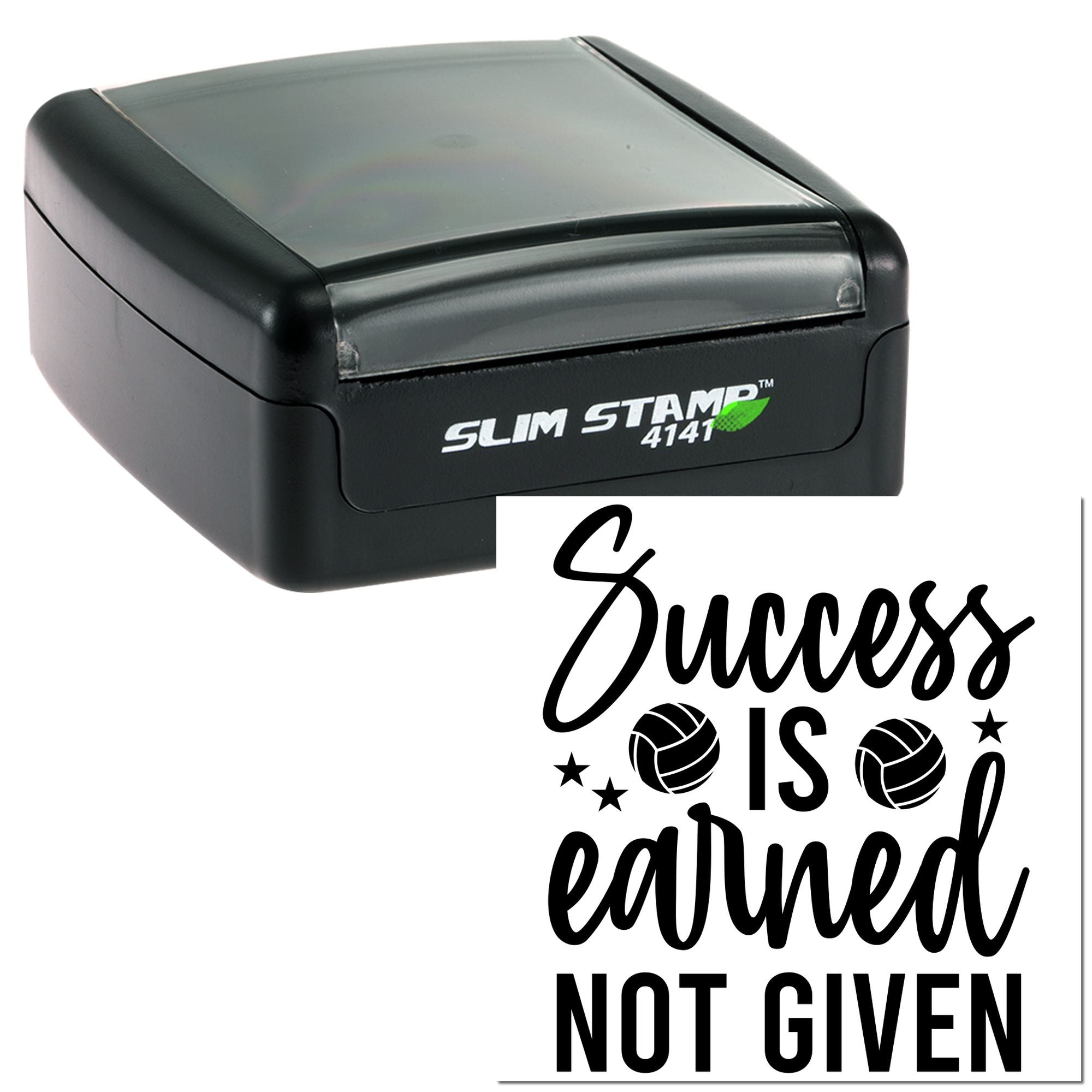 Slim Stamp 4141 self-inking rubber stamp with motivational quote, Success is earned, not given.