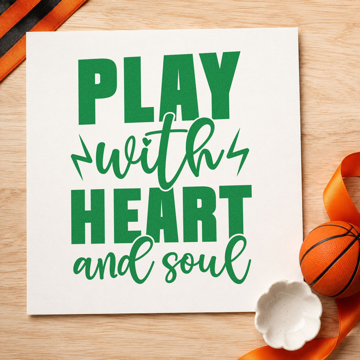 Play With Heart Soul craft stamp in green ink on cardstock, an easy option for school season album page.