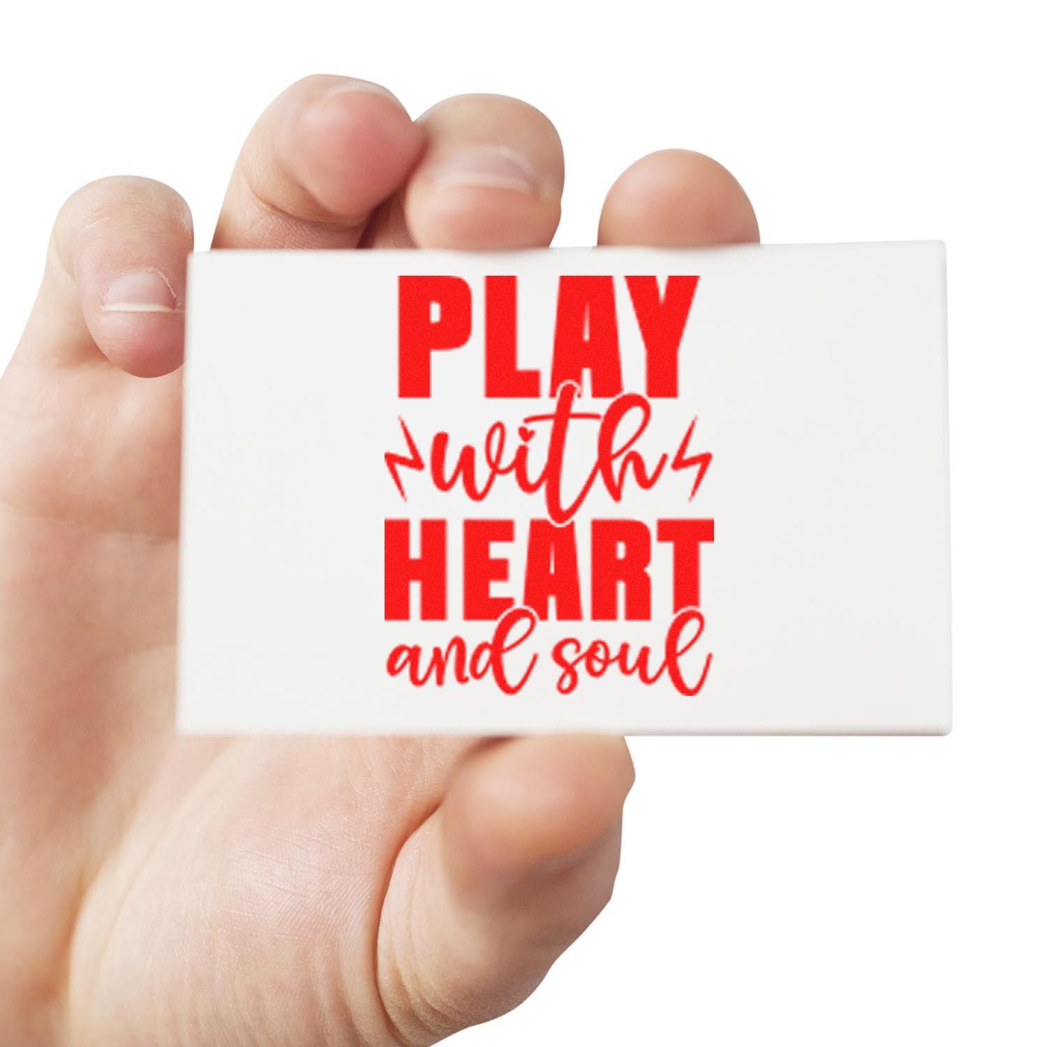 Hand holding rubber stamp with Play with Heart and Soul design for crafting, card making, and DIY projects.