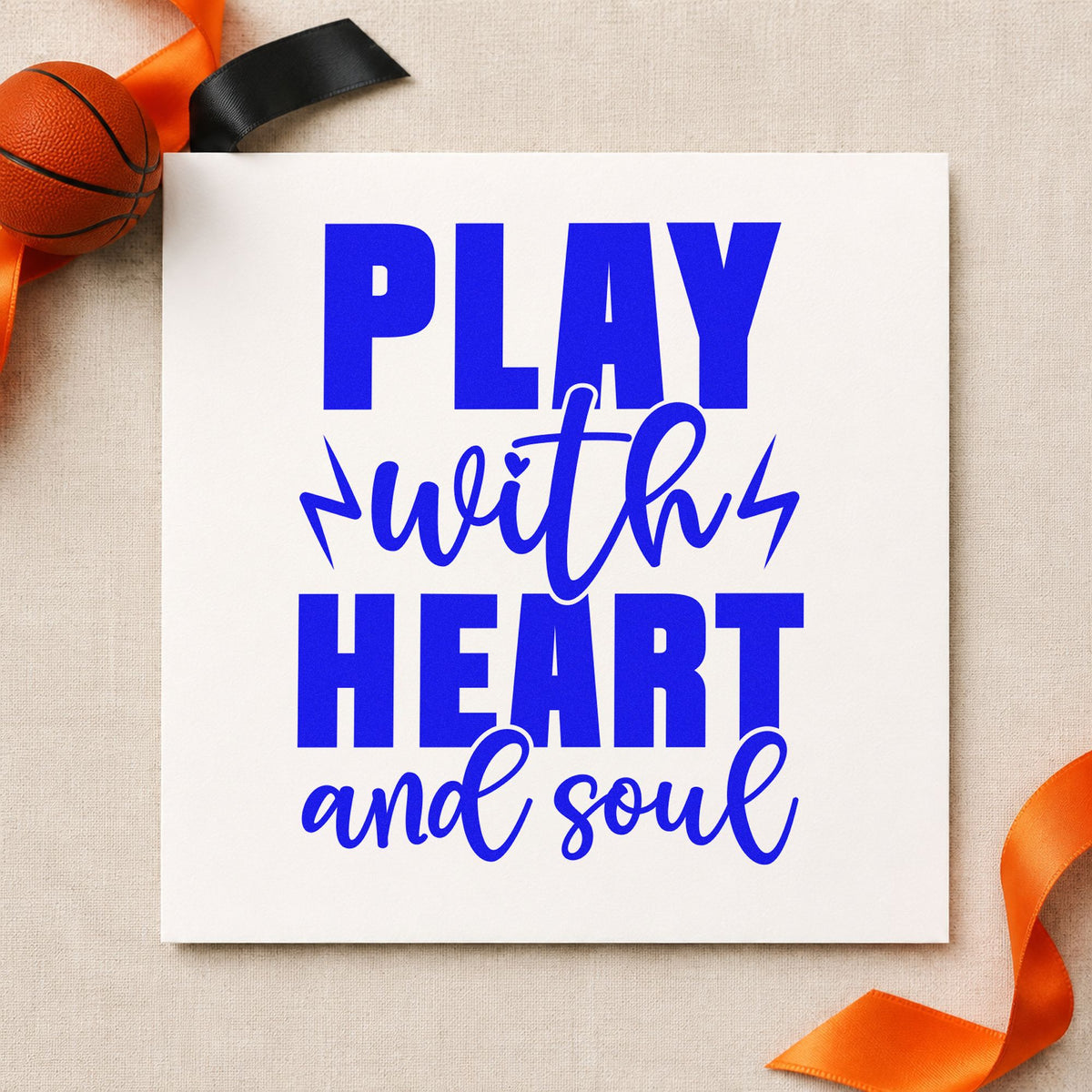 Play With Heart Soul craft stamp imprinted in blue ink on paper, a design suited to framed gym wall.