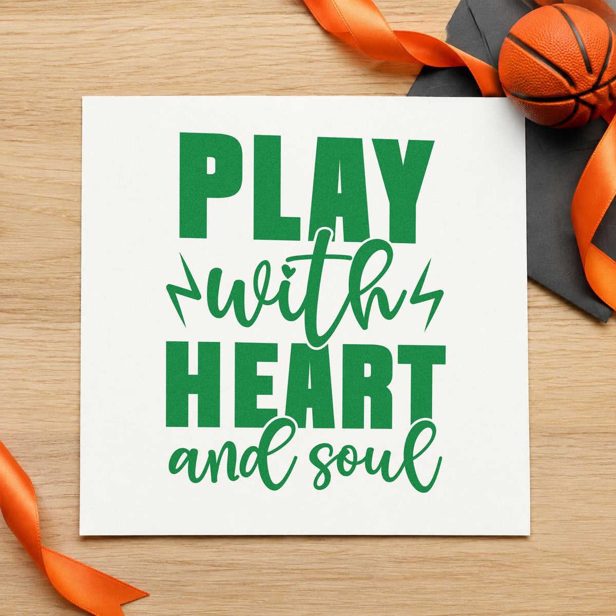 Play With Heart Soul craft stamp imprint in green ink on a handmade project, one idea being rotation plan cards.