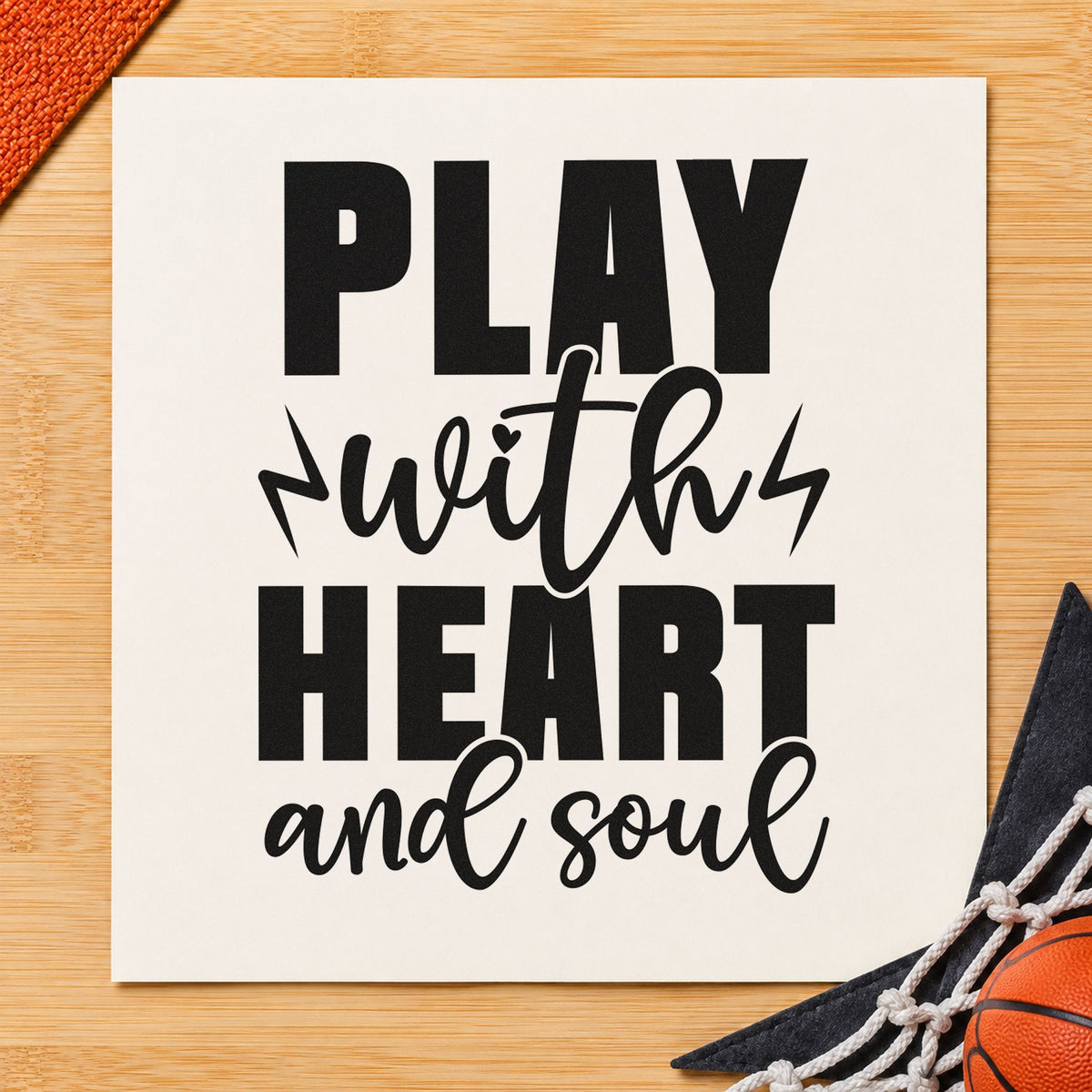 Play With Heart Soul rubber stamp printed in black ink, ready for bolt script cards and similar paper crafts.