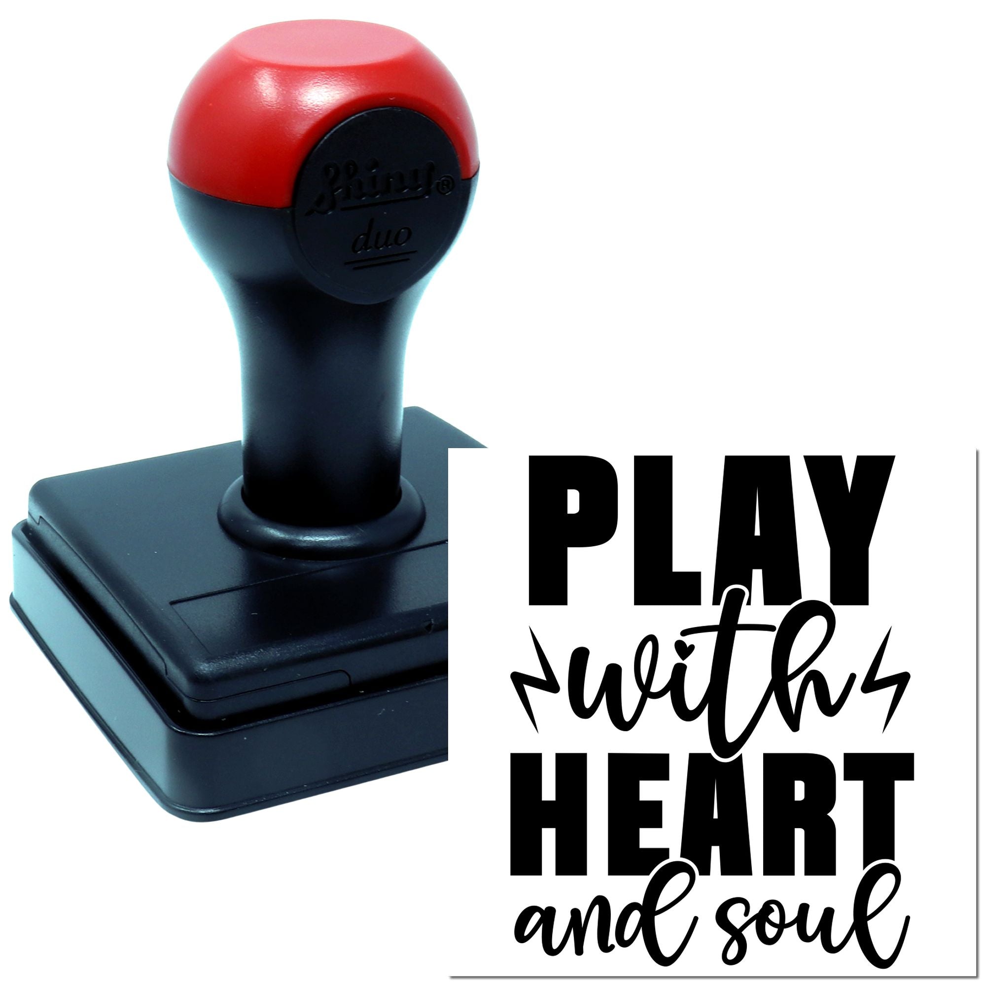 Self-inking rubber stamp with Play with heart and soul imprint for custom crafts, branding, and office use.